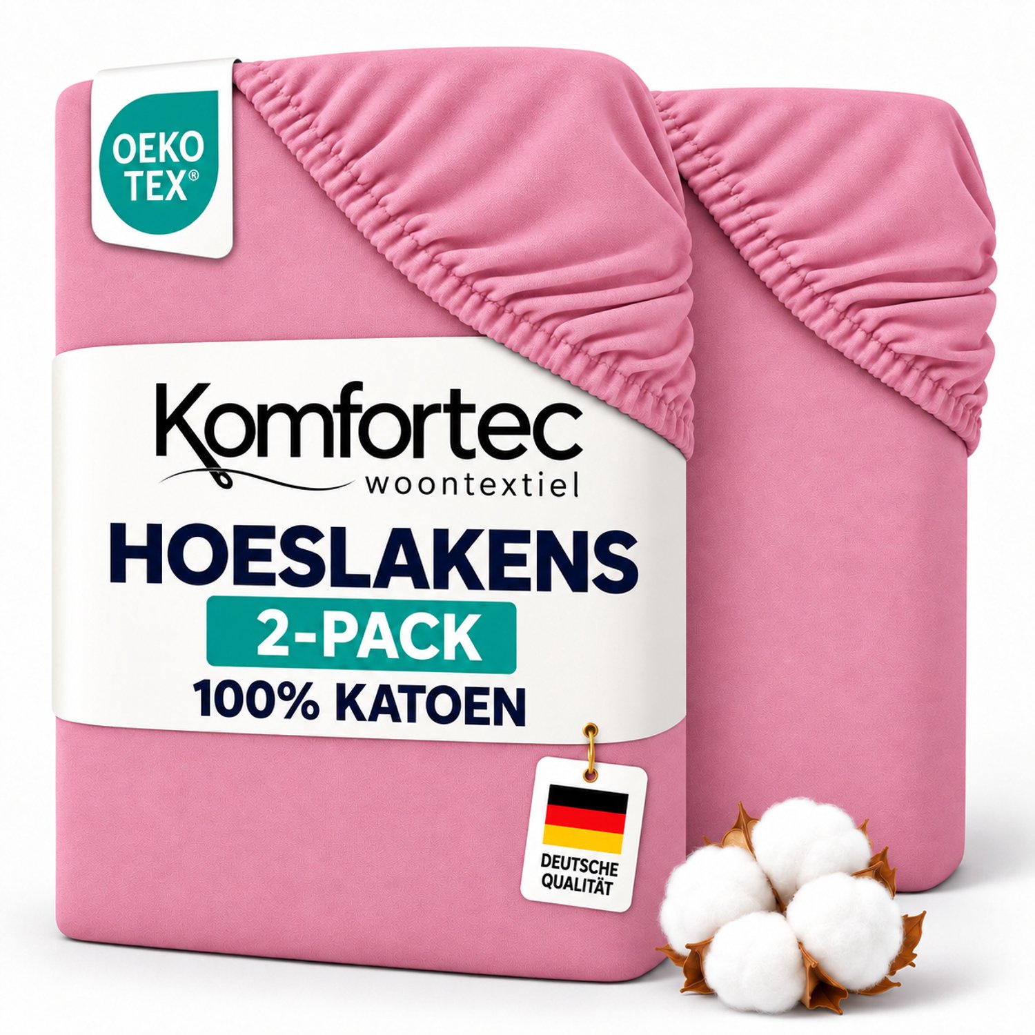 Komfortec Jersey Stretch 2-delige Hoeslaken Set 90x200 cm, Dubbelpak, 23 cm Matrasdikte, Rondom Elastiek, 100% Katoen, Roze