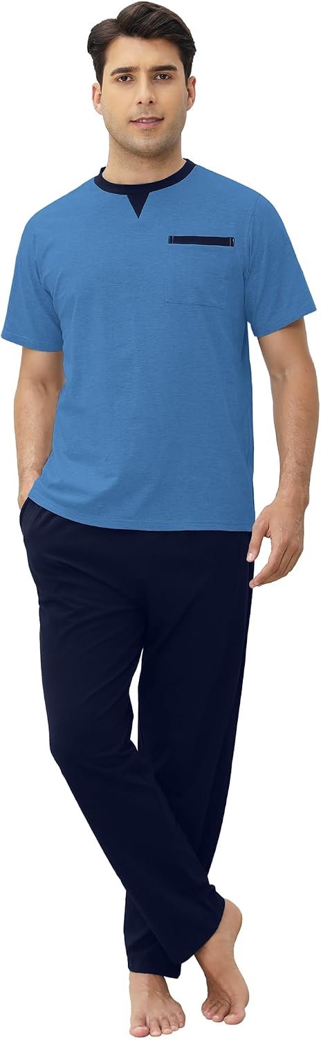 Pyjama voor heren, katoen, korte mouwen en shorts, 2-delige pyjamaset, zacht, comfortabel, loungewear, V-hals, herennachtkledingsset met zakken