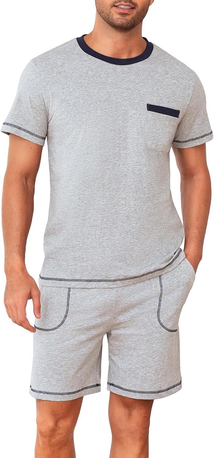 Pyjama voor heren, lichte zomerpyjamaset van 100% katoen, shirt met korte mouwen en korte broek voor ademend slaapcomfort