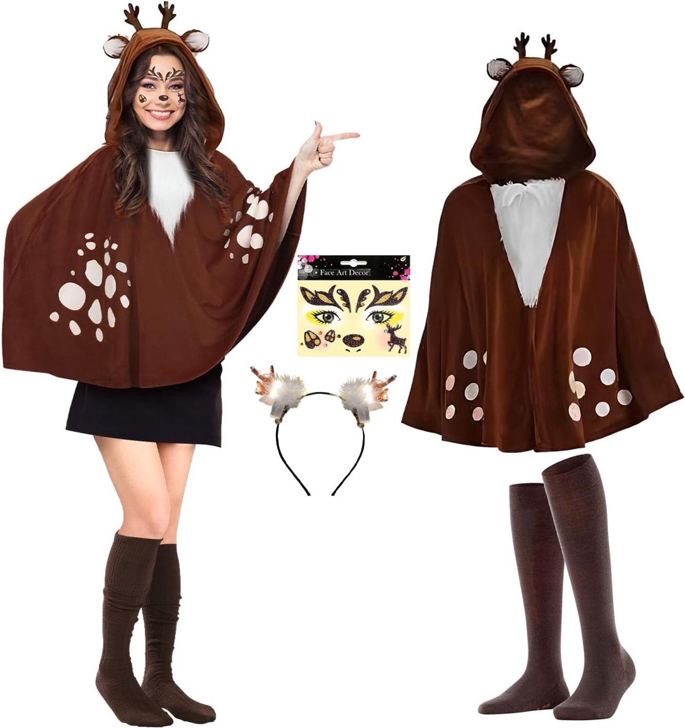Dames rendier kostuum met cape, hoofdband en rok voor carnaval en Halloween feestjes