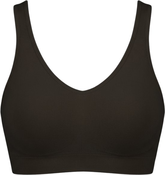 Zwarte naadloze comfort BH zonder beugel, met brede schouderbandjes en een V-hals.