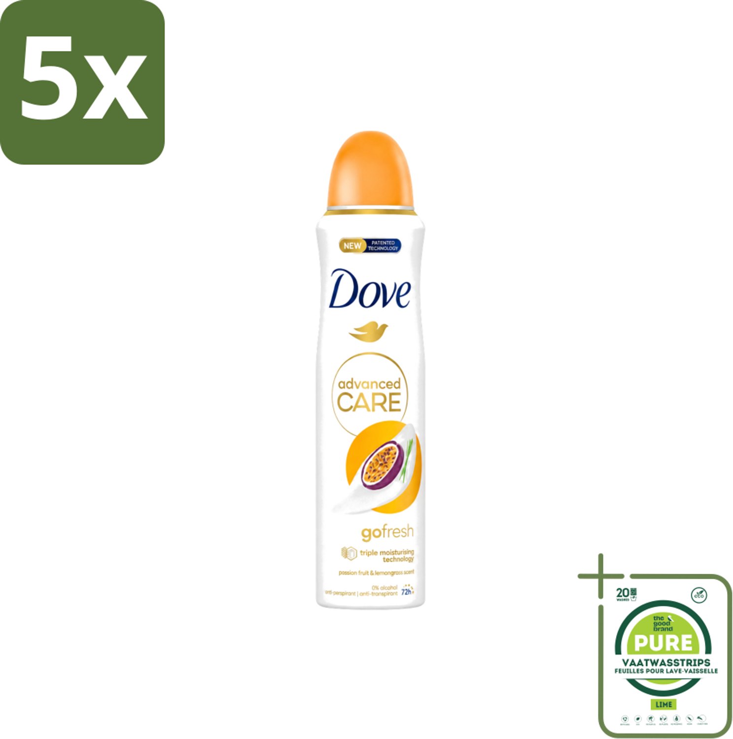 5 x Dove – Deodorant Spray – Passion Fruit – 250 ml - Grootverpakking - Vaatwasstrips - Passievrucht Deodorant - Frisse Geur - Oksel Verzorging - Transpiratiegeur - Mild Voor Huid