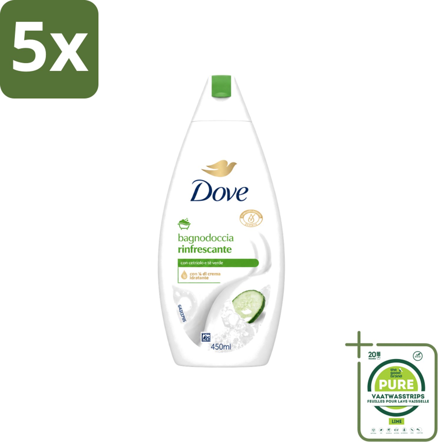 5 x Dove – Douchegel – Refreshing – 450 ml - Grootverpakking - Vaatwasstrips - Douchegel - Frisheid - Huidverzorging - Mild Reinigen - Schuim