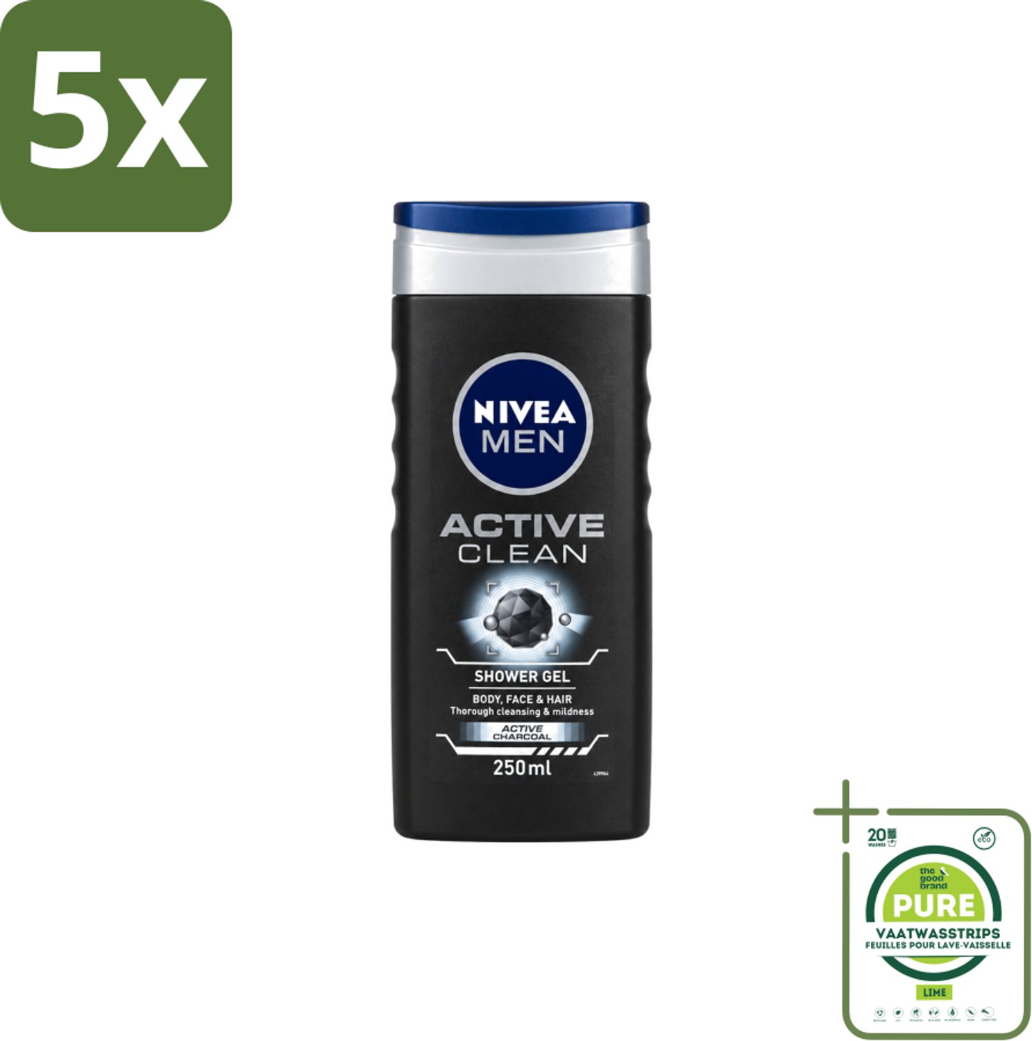 5 x Nivea Men – Douchegel – Active Clean – 250 ml - Grootverpakking - Vaatwasstrips - Douchegel Mannen - Reiniging Huid - Actieve Houtskool - Vuil Verwijderen - Huid Verzorging