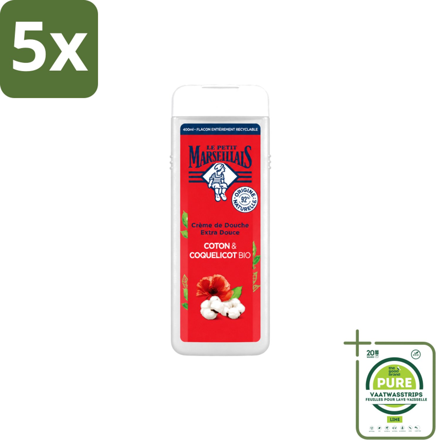 5 x Le Petit Marseillais – Douchegel – Bio Katoenmelk & Papaver – 400 ml - Grootverpakking - Vaatwasstrips - Douchegel Bio - Katoenmelk - Papaver - Huid Verzorging - Milde Reiniging