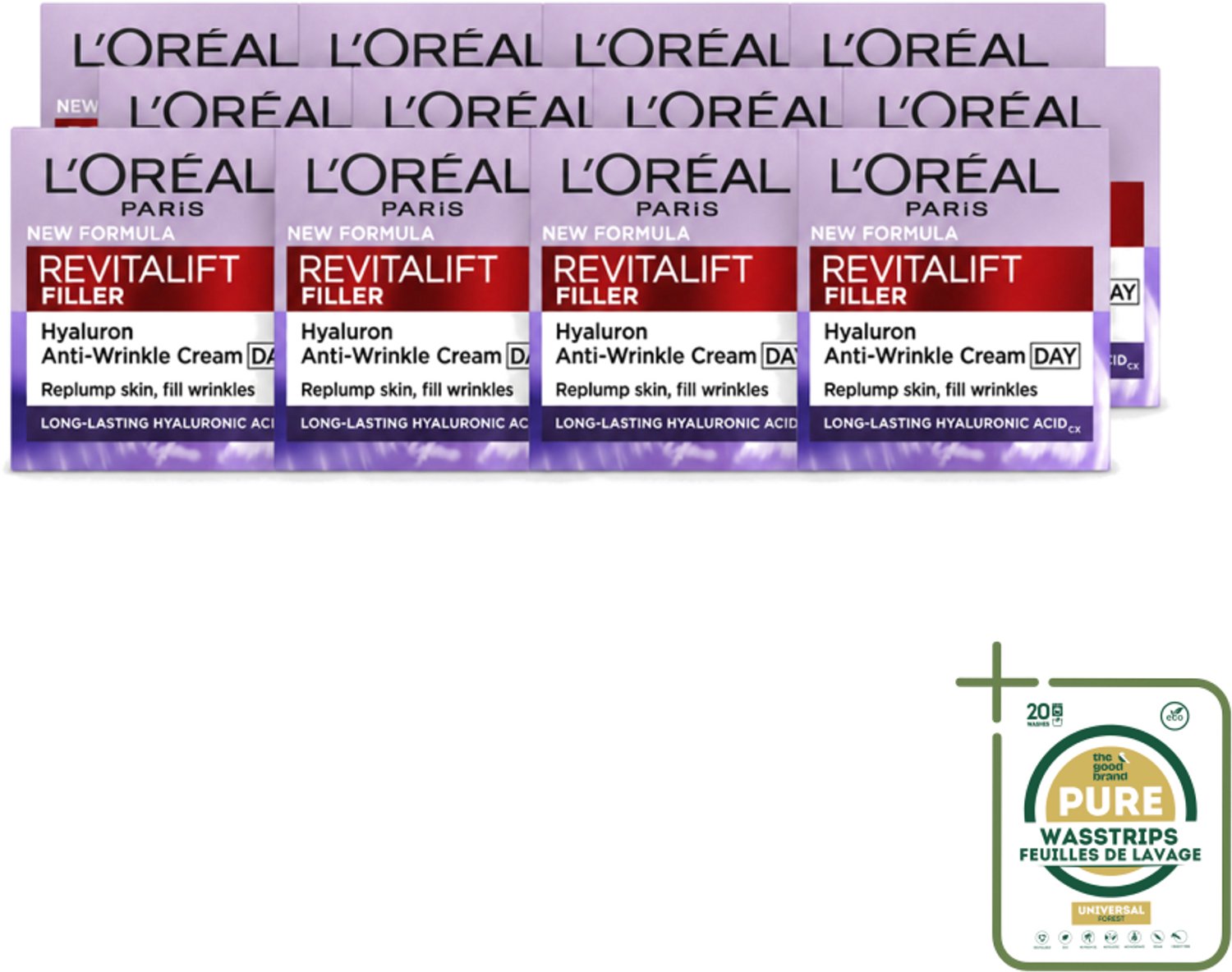 12 x L'Oréal Paris Revitalift Filler - Dagcrème - Anti-Rimpel - Voor Verouderende Huid - 50 ml - Wasstrips - Anti-rimpel Crème - Veroudering Bestrijding - Hyaluronzuur Crème - Huid Volume - Huid Stevigheid
