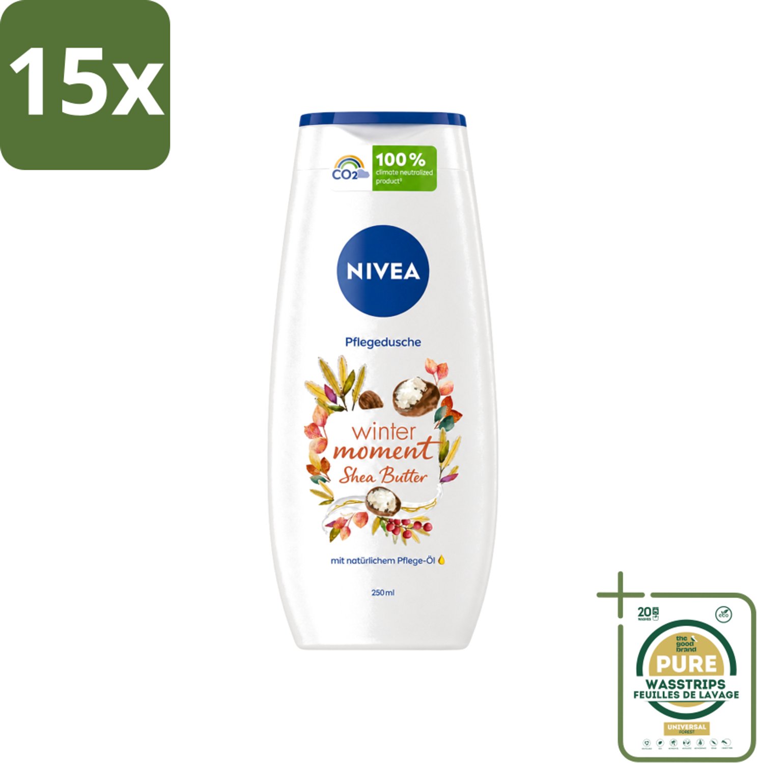 15 x Nivea - Douchegel - Winter Moment Shea Butter - 250 ml - Wasstrips - Douchegel Winter - Shea Butter Douchegel - Hydraterende Douchegel - Winter Douchegel - Verzorgende Douchegel