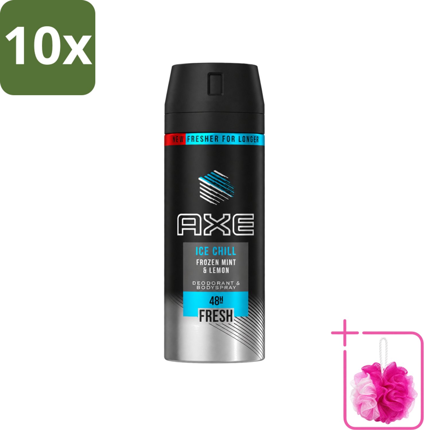 10 x Axe - Deodorant Bodyspray - 48hrs Fresh - Ice Chill - Frozen Mint & Lemon - 150 ml - Bulkverpakking - Bevroren munt - Douchemop - Citroen
