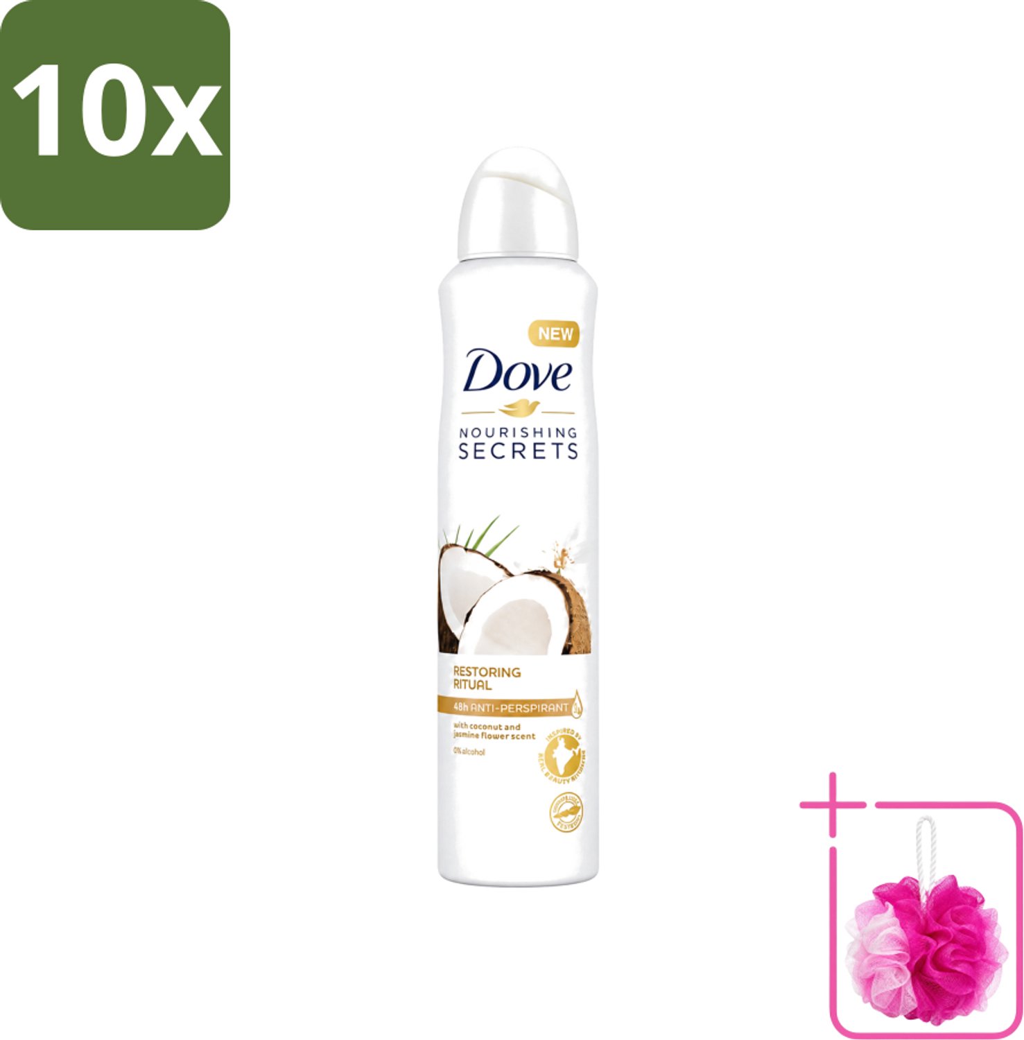 10 x Dove - Deodorant - Coconut & Jasmine Flower - Tropisch en verzorgend - 250 ml - Bulkverpakking - Deodorant spray - Douchemop - Kokos en jasmijn