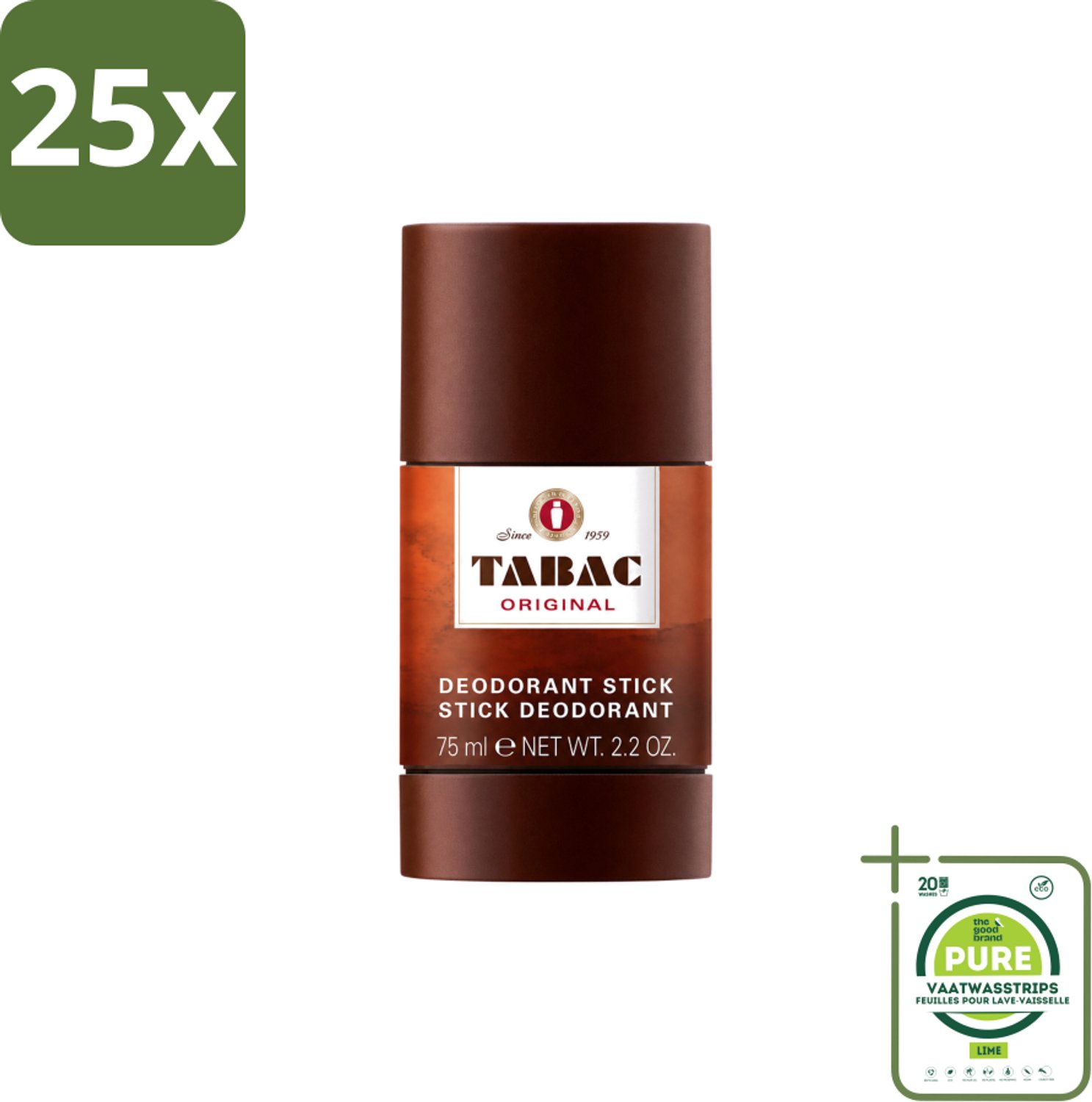 25 x Tabac Original - Deodorant Stick - Langdurige frisheid - 75 ml - Grootverpakking - Vaatwasstrips - Deodorant Stok - Zweetvervoeging - Geur - Mannelijke Geur - Frisheid
