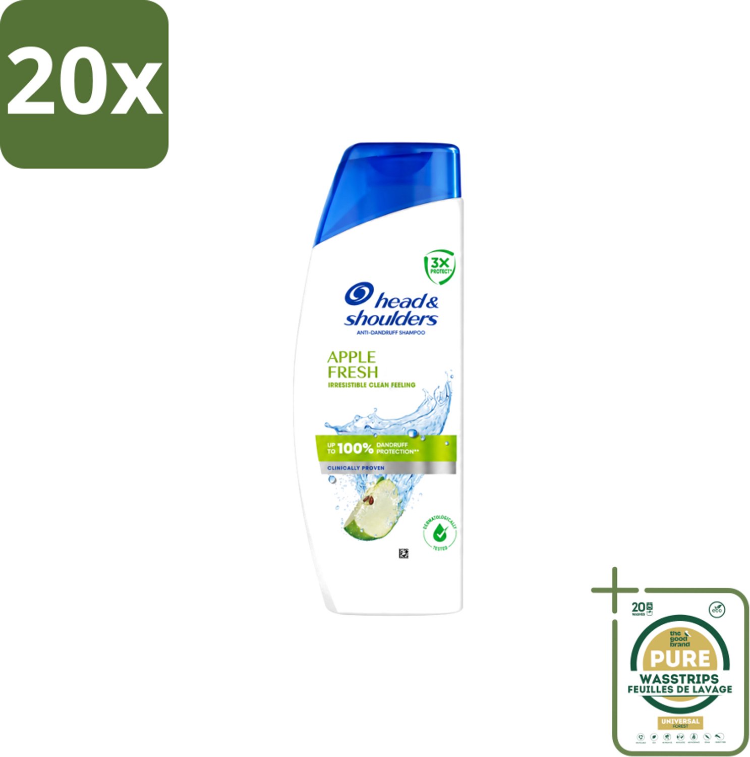 20 x Head & Shoulders - Shampoo - Apple Fresh - 250ml - Wasstrips - Roosvrij Haar - Fris Haar - Appelgeur Shampoo - Anti-roos Shampoo - Hoofdhuid Verzorging