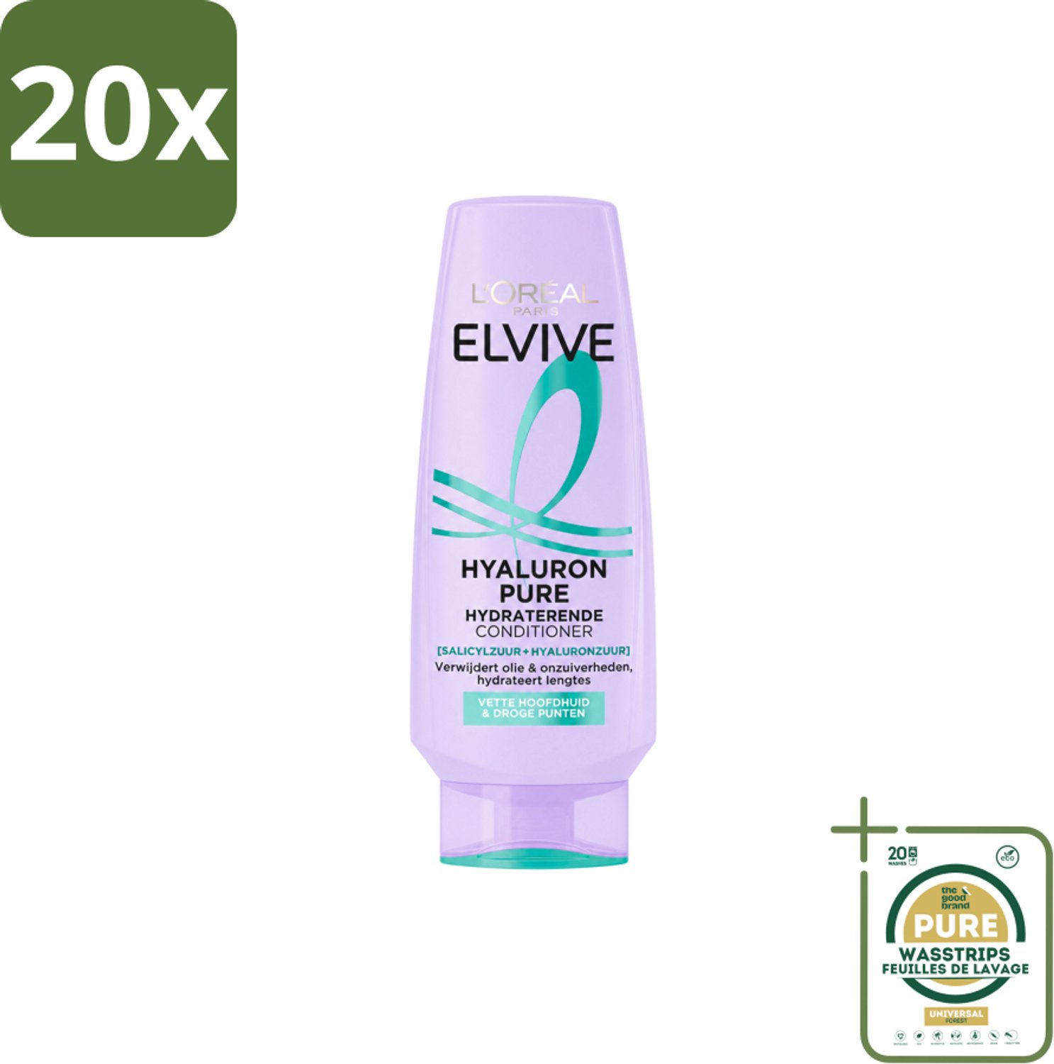20 x L’Oréal Paris Elvive – Conditioner – Hyaluron Pure – Vette Hoofdhuid & Droge Punten – 200 ml - Wasstrips - Hyaluronzuur Conditioner - Zuiverende Conditioner - Vet Haar Conditioner - Droge Punten Conditioner - Hydraterende Conditioner