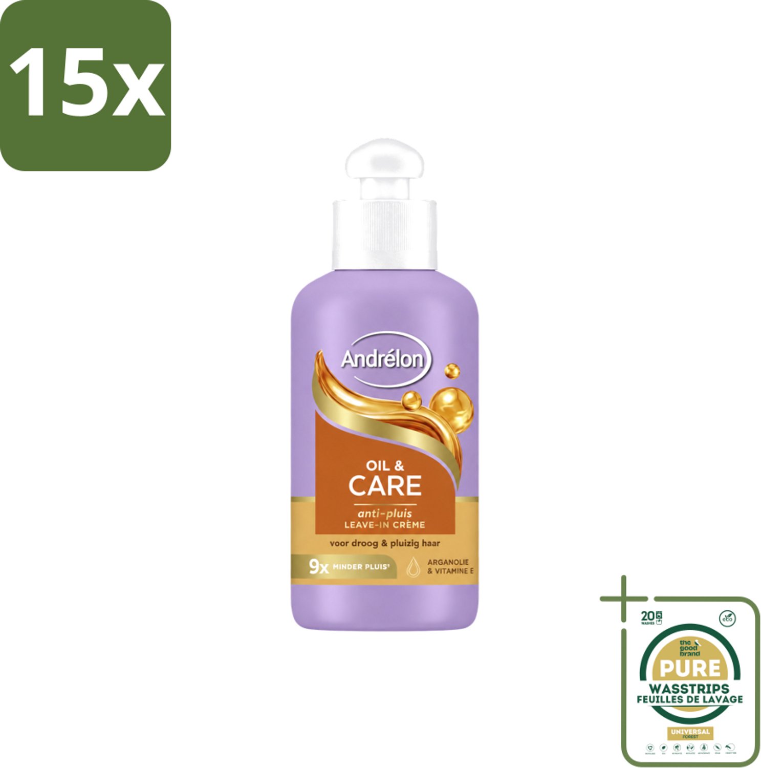 15 x Andrélon – Leave-In Crème – Oil & Care – 200 ml - Wasstrips - Haarkruid - Anti-pluis - Pluiscontrole - Haarvoeding - Arganolie