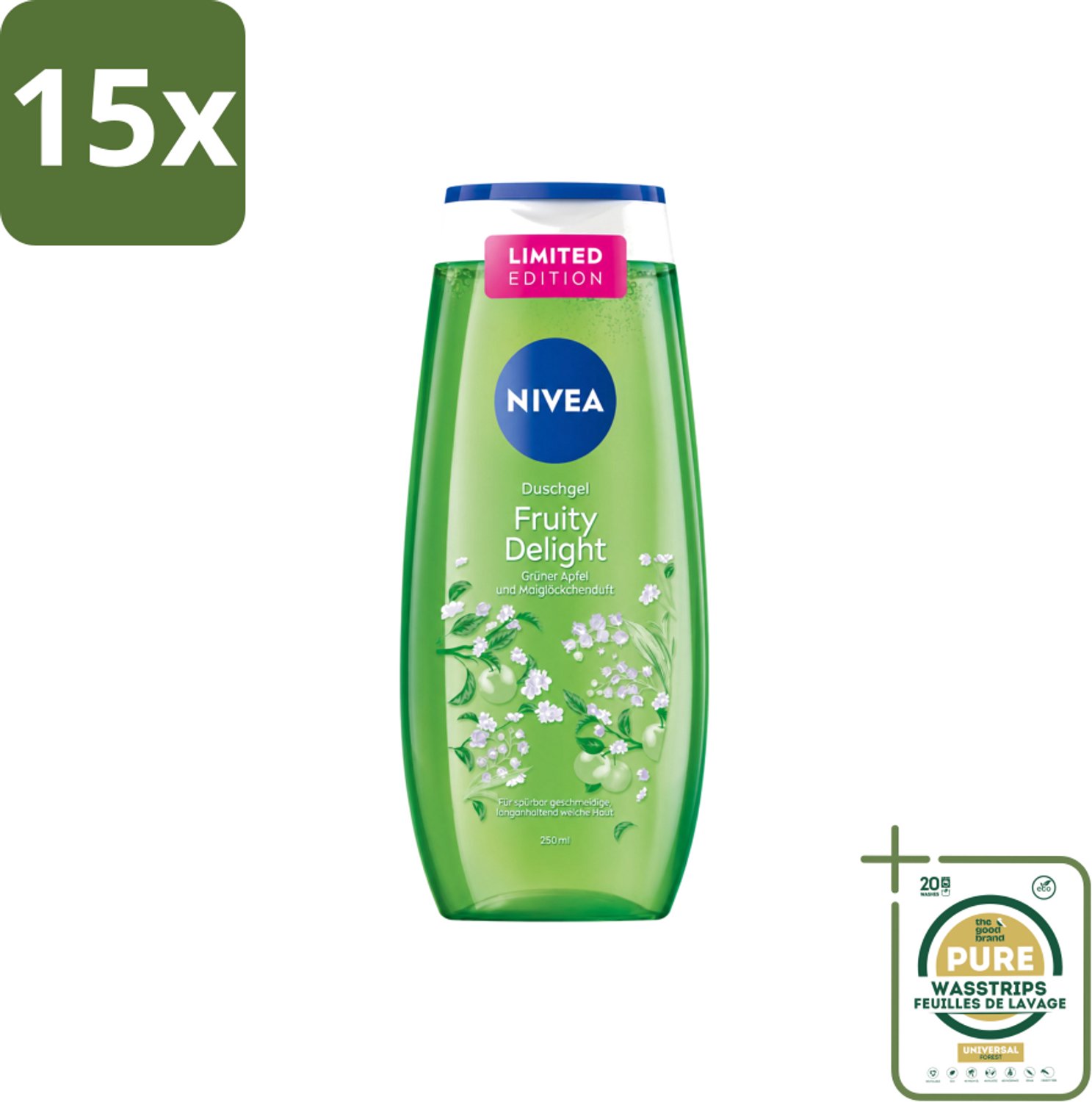 15 x Nivea – Douchegel – Fruity Delight – 250 ml - Wasstrips - Douchegel - Fruitige Geur - Huidverzorging - Milde Reiniging - Verfrissend
