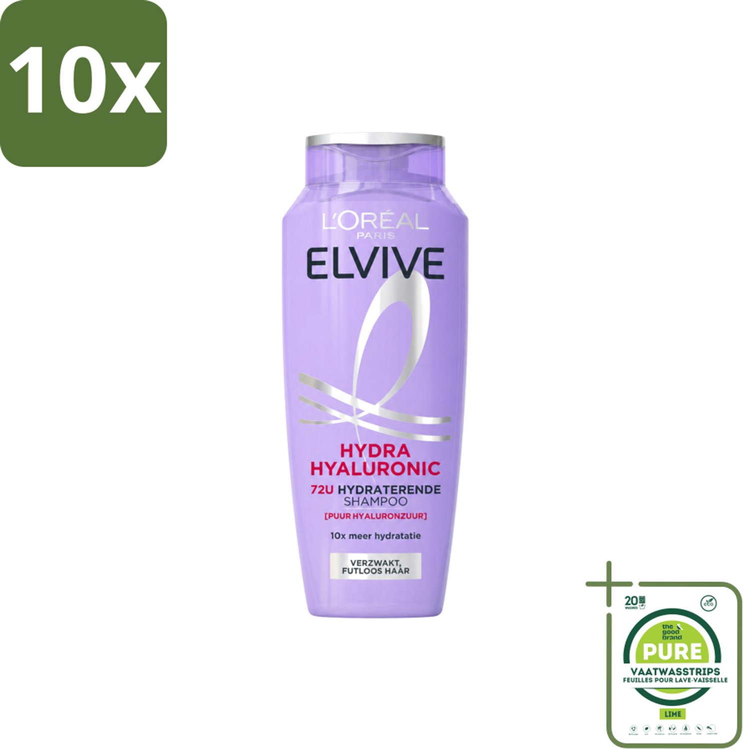 10 x L’Oréal Paris Elvive – Shampoo – Hydra Hyaluronic – Hydraterend – 250 ml - Grootverpakking - Vaatwasstrips - Hydra Hyaluronzuur Shampoo - Droog Haar - Hyaluronzuur - Vochtig Haar - Haar Hydrateren