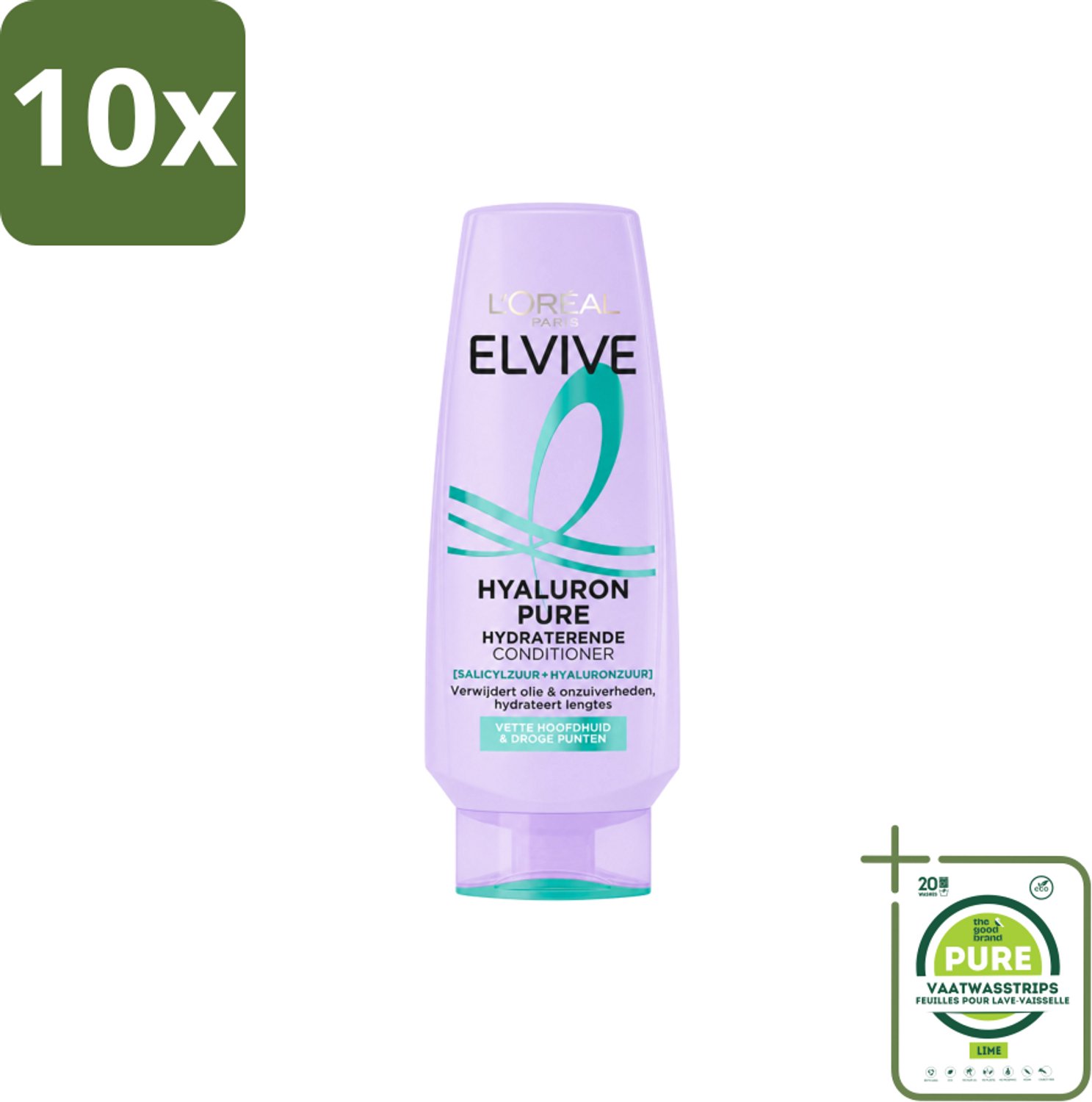 10 x L’Oréal Paris Elvive – Conditioner – Hyaluron Pure – Vette Hoofdhuid & Droge Punten – 200 ml - Grootverpakking - Vaatwasstrips - Hydraat - Zuiveren - Haarverzorging - Vet Haar - Droge Punten