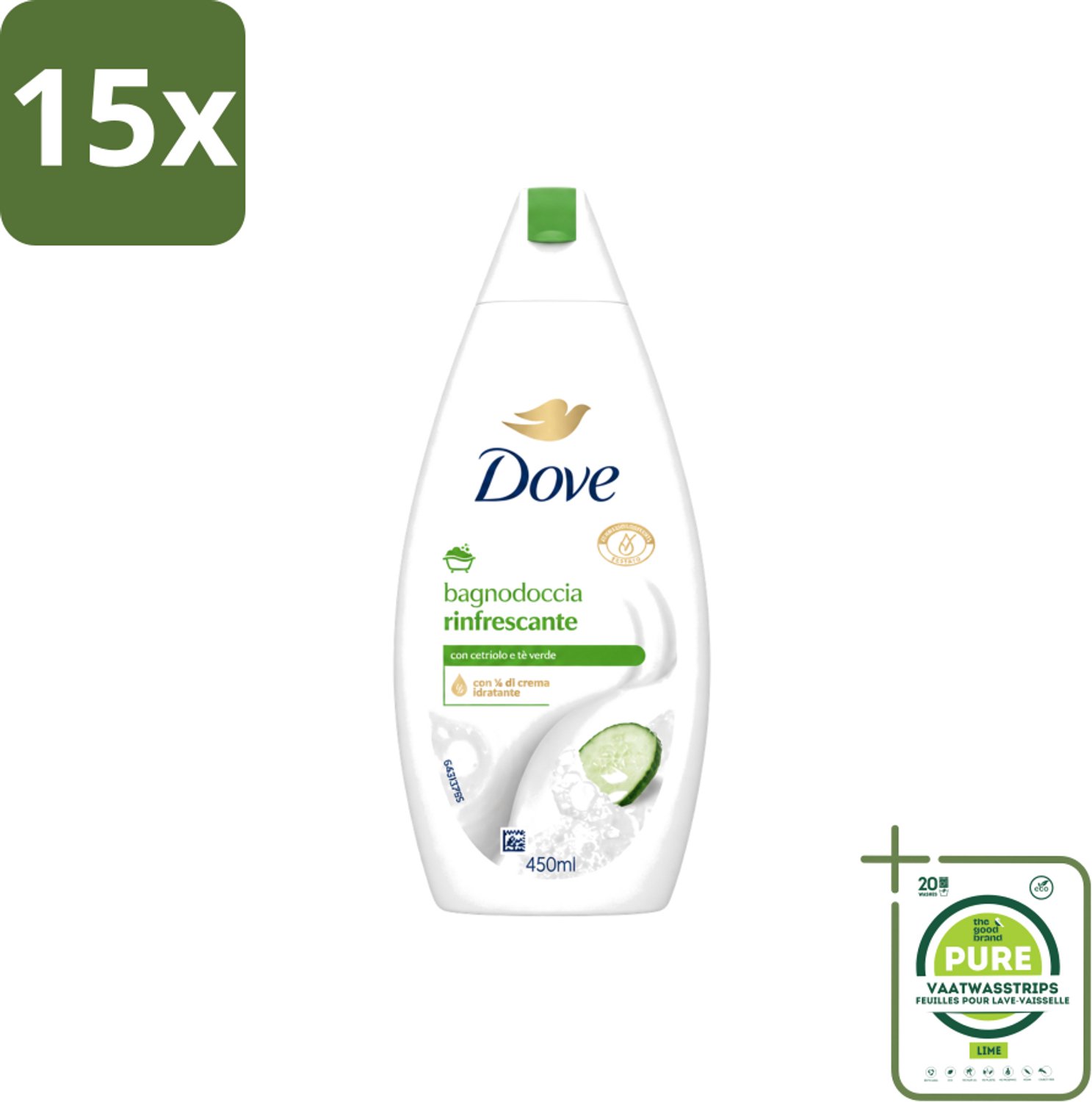 15 x Dove – Douchegel – Refreshing – 450 ml - Grootverpakking - Vaatwasstrips - Douchegel - Frisheid - Huidverzorging - Mild Reinigen - Schuim