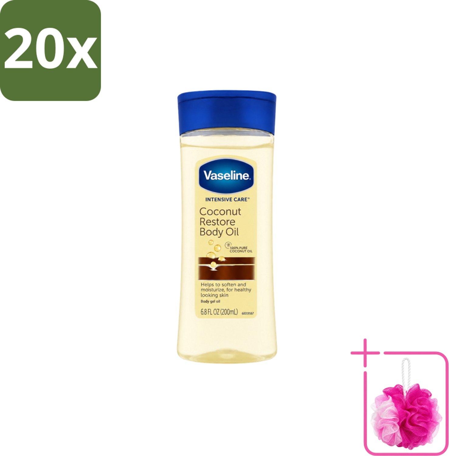20 x Vaseline – Body Oil – Coconut Restore – 200 ml - Bulkverpakking - Lichaamsolie - Douchemop - Hydraterende olie