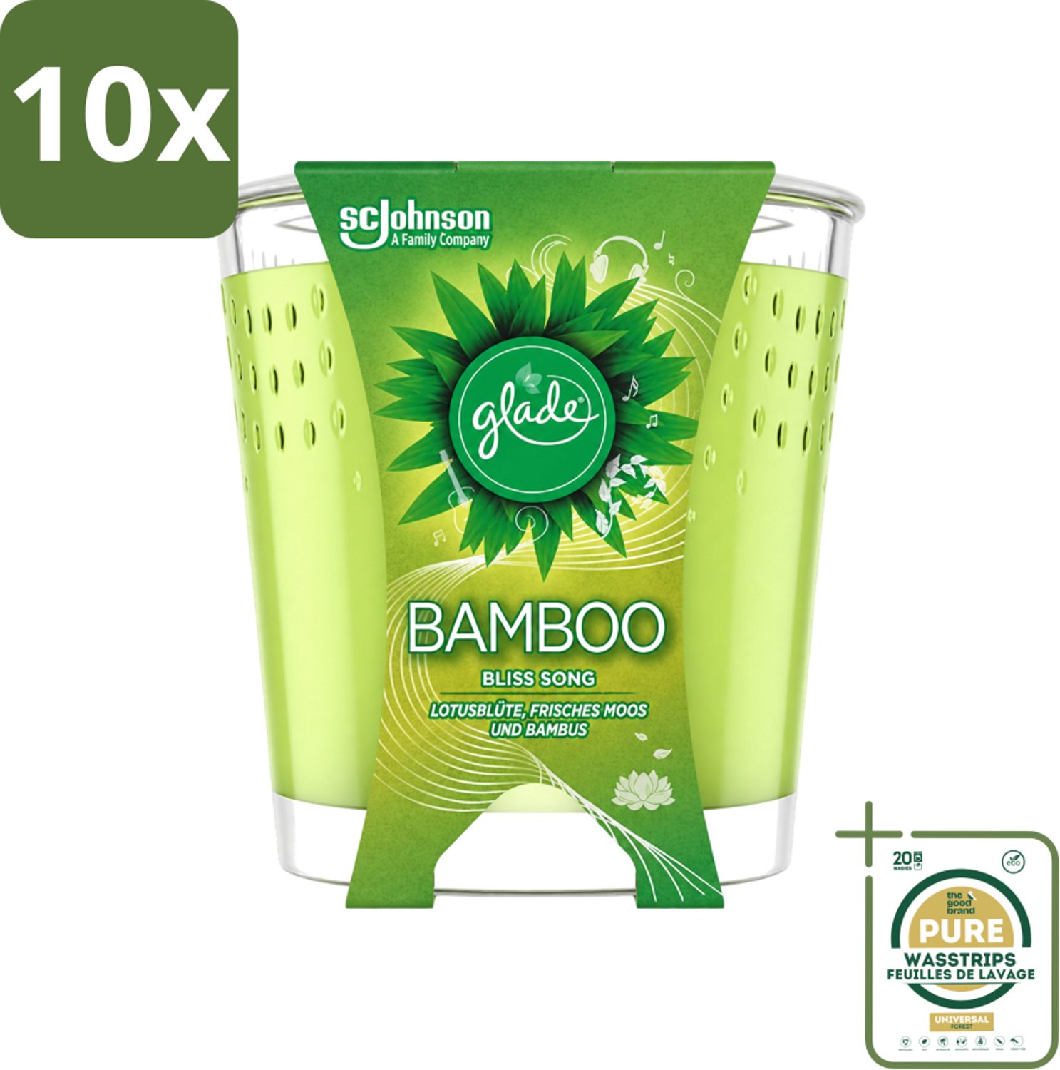 10 x Glade - Geurkaars - Bamboo Bliss Song - Frisse Geur & Relaxatie - 129 g - Wasstrips - Bamboo Geur - Rust - Ontspanning - Geurkaars - Natuurlijke Geur