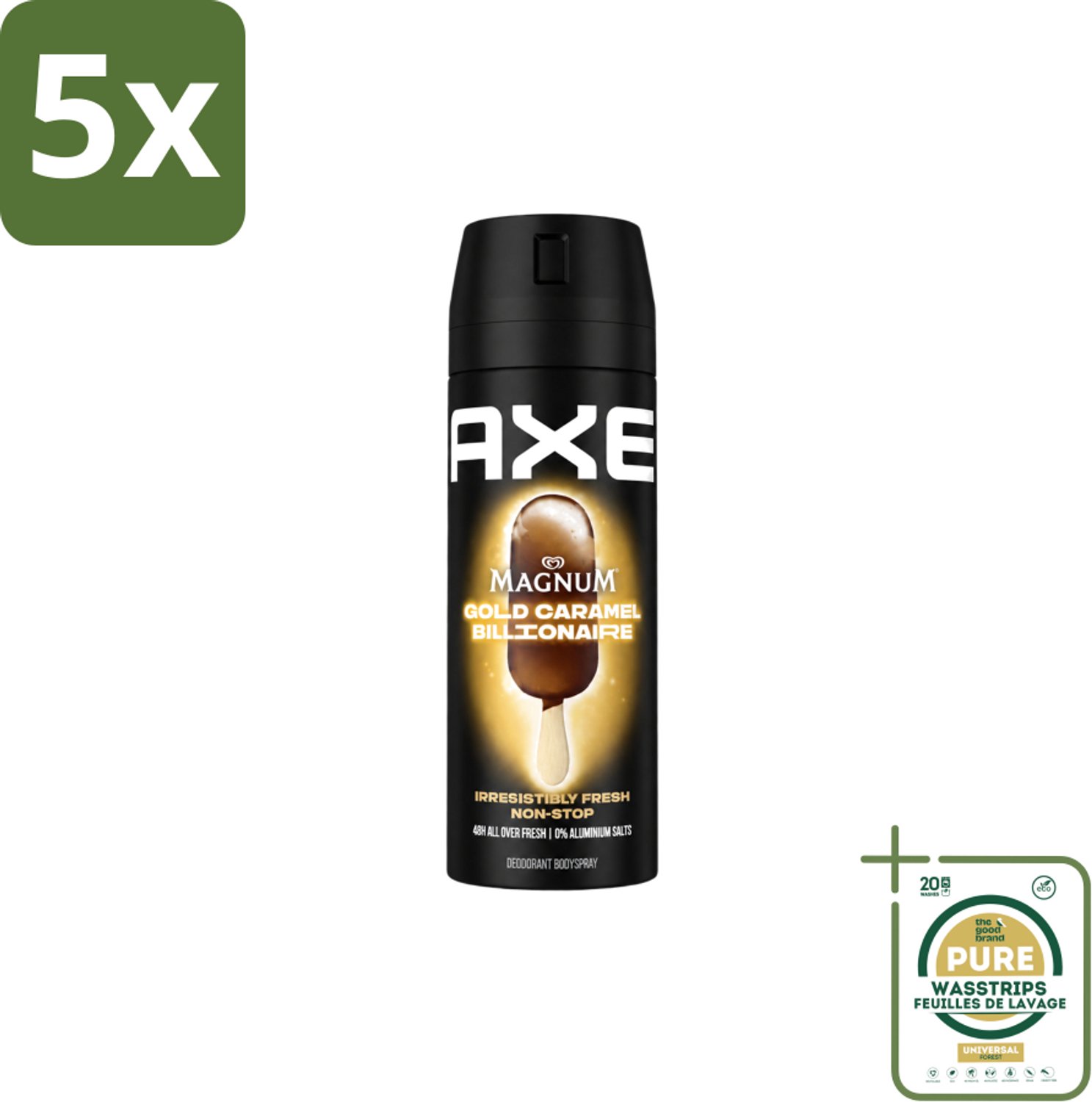 5 x Axe – Deodorant Bodyspray – Magnum Gold Caramel Billionaire – 150 ml - Wasstrips - Axe Deodorant - Deodorant Bodyspray - Luxe Geur - Chocolade Geur - Caramel Geur