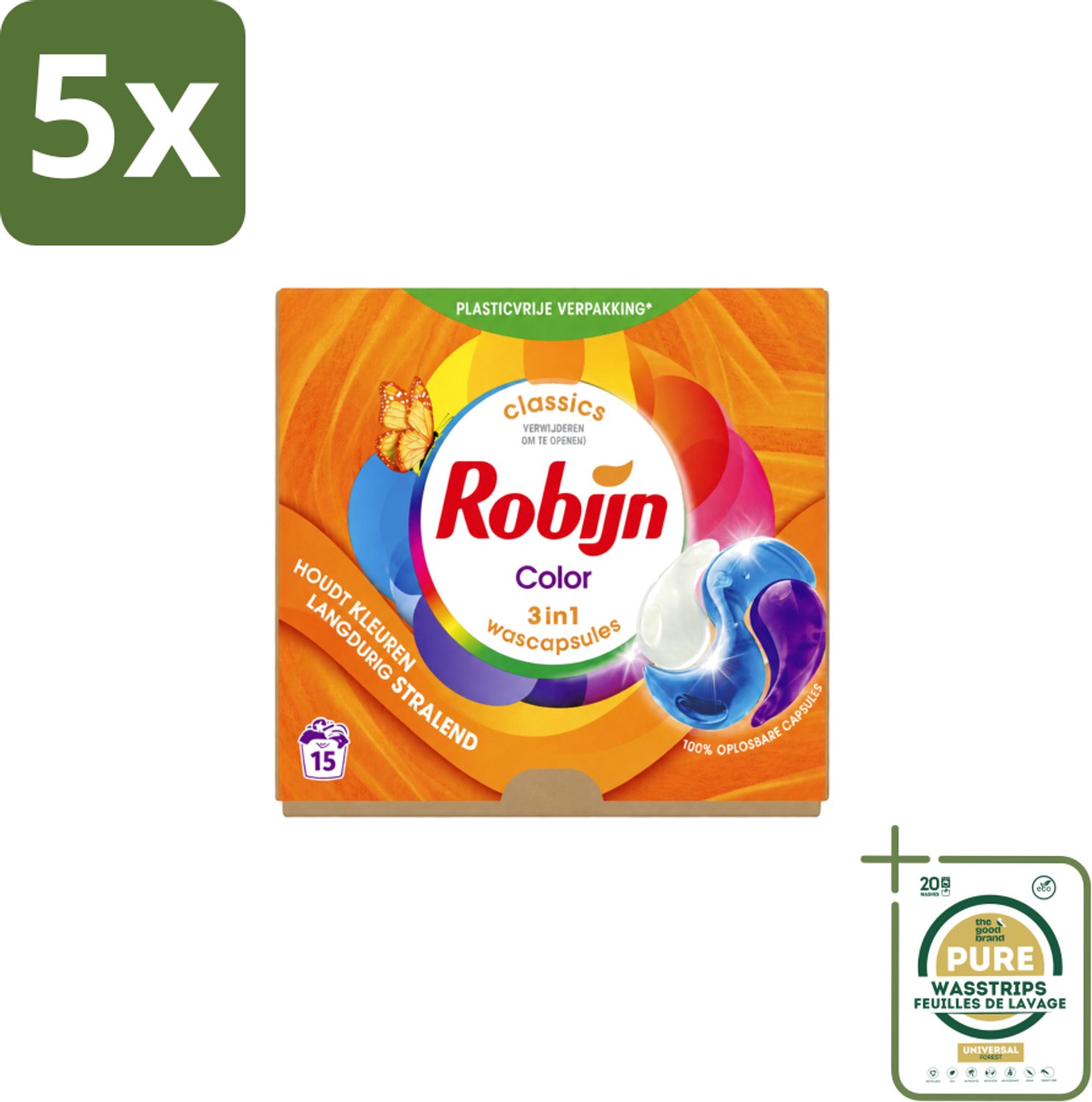 5 x Robijn – 3-in-1 Wascapsules – Color – 15 capsules - Wasstrips - Kleurbehoud - Wascapsules - Wasverzachter - Wasgeur - Biologisch Afbreekbaar