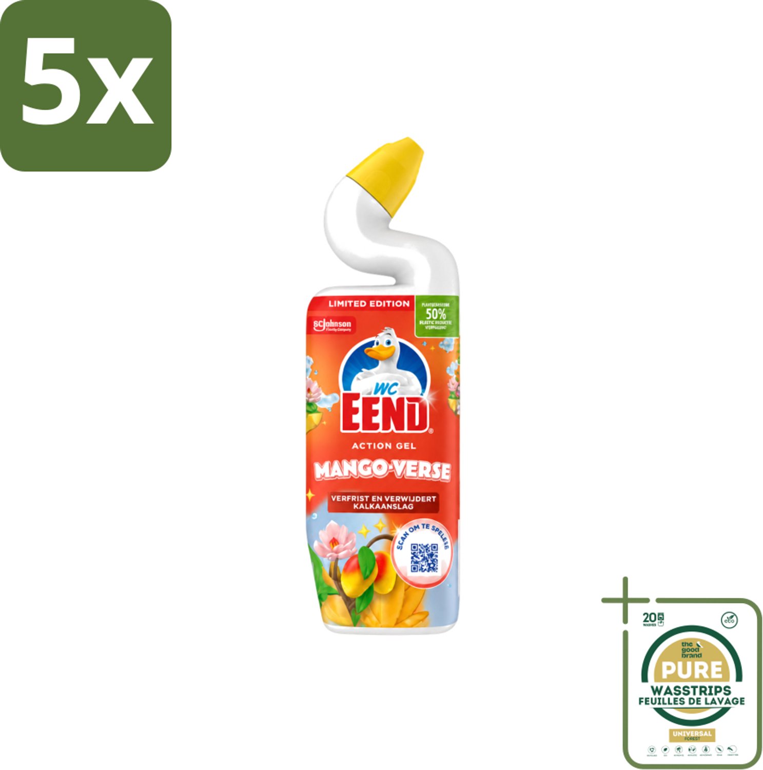 5 x WC Eend – Toiletgel – Action Gel Mango Fresh – 750 ml - Wasstrips - Toiletreiniger - Toiletgel - Kalkaanslag Verwijderen - Hygiëne - Toilet Reinigen