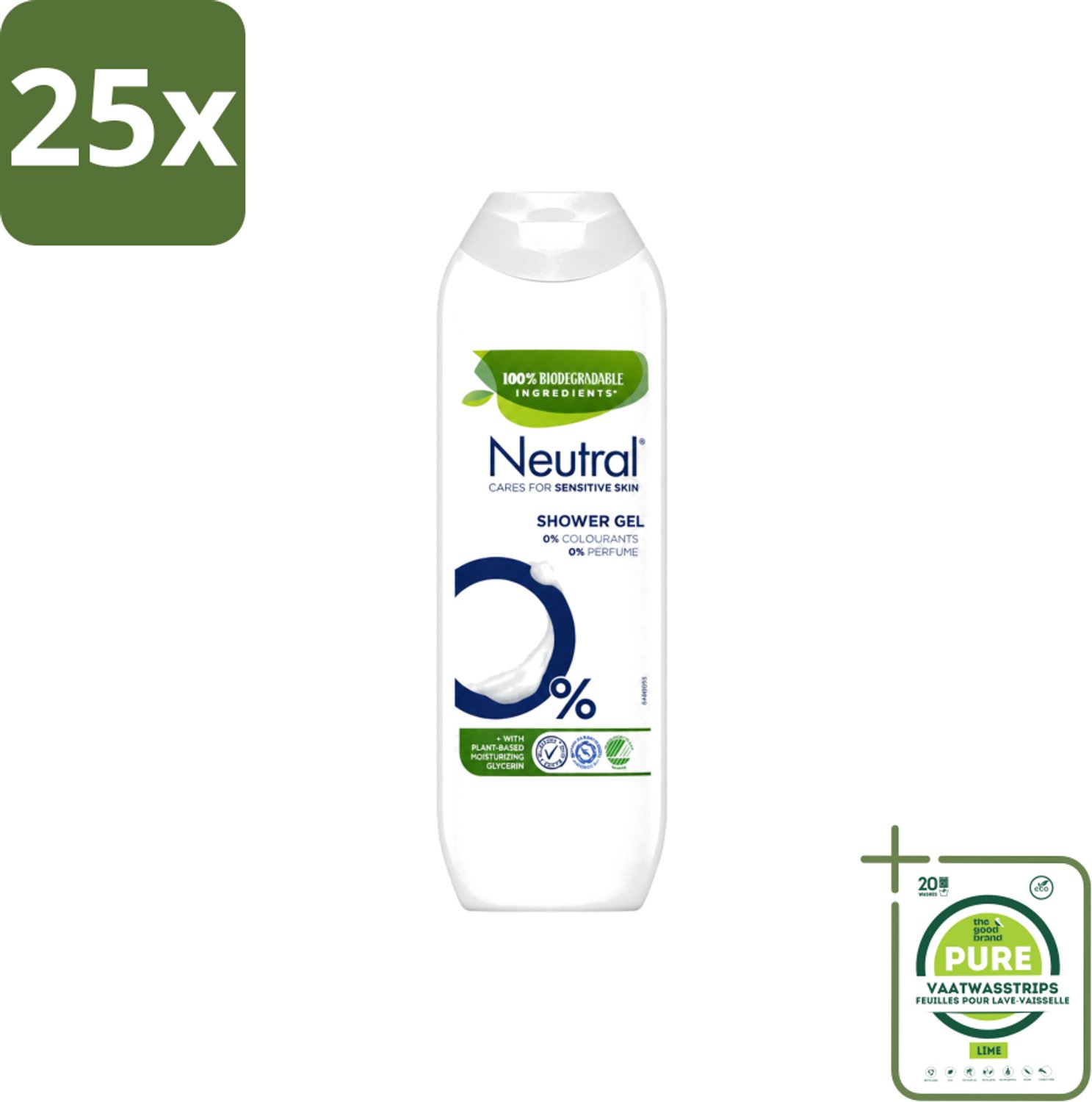 25 x Neutral – Douchegel – Parfumvrij – 250 ml - Grootverpakking - Vaatwasstrips - Gevoelige Huid - Douchegel - Parfumvrij - Allergie - Huidverzorging