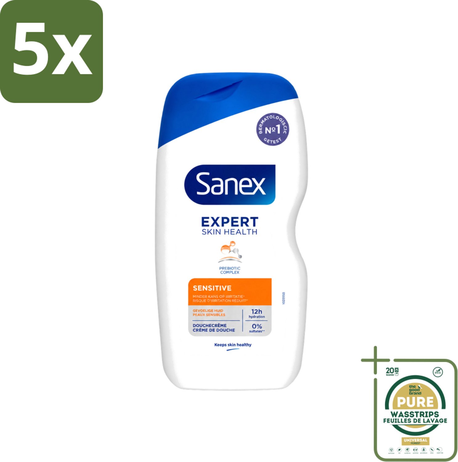 5 x Sanex - Douchegel - Expert Skin Health Sensitive - Voor Gevoelige Huid - 400 ml - Wasstrips - Gevoelige Huid - Douchegel - Huidverzorging - Milde Reiniging - Hydratatie
