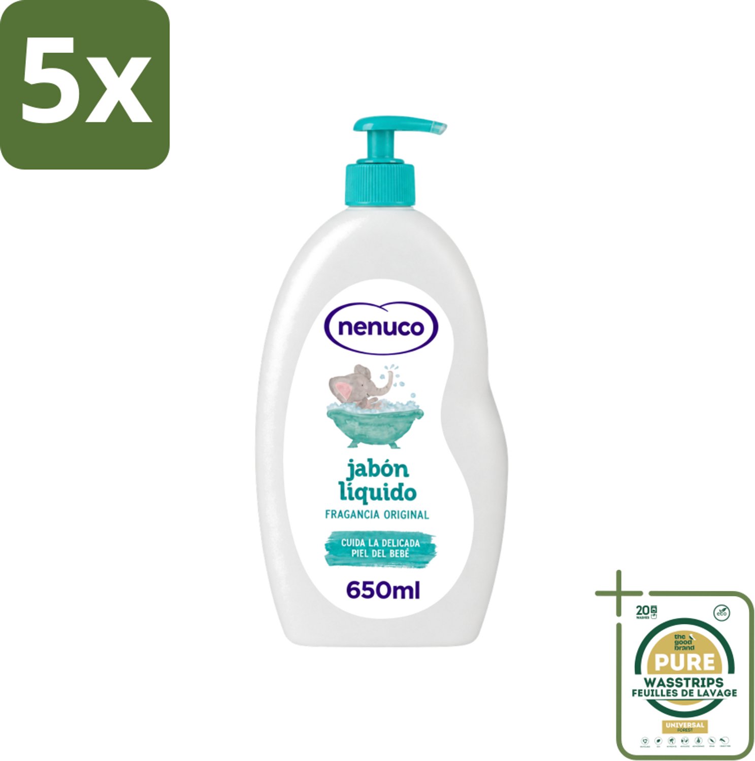 5 x Nenuco - Jabon Líquido - Vloeibare Zeep - Originele Geur - Met Doseerpomp - 650 ml - Wasstrips - Vloeibare Zeep - Handzeep - Douchegel - Badzeep - Baby Zeep
