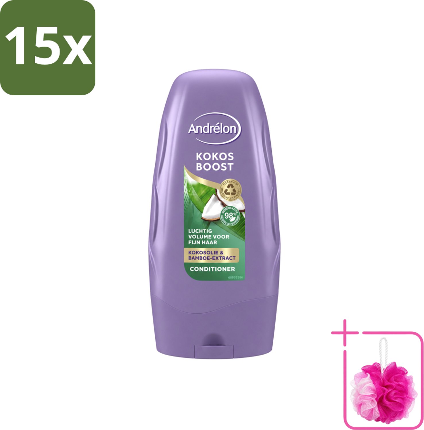 15 x Andrélon - Kokos Boost - Conditioner - Intensieve Voeding - 250 ml - Bulkverpakking - Conditioner voor fijn haar - Douchemop - Kokosolie conditioner
