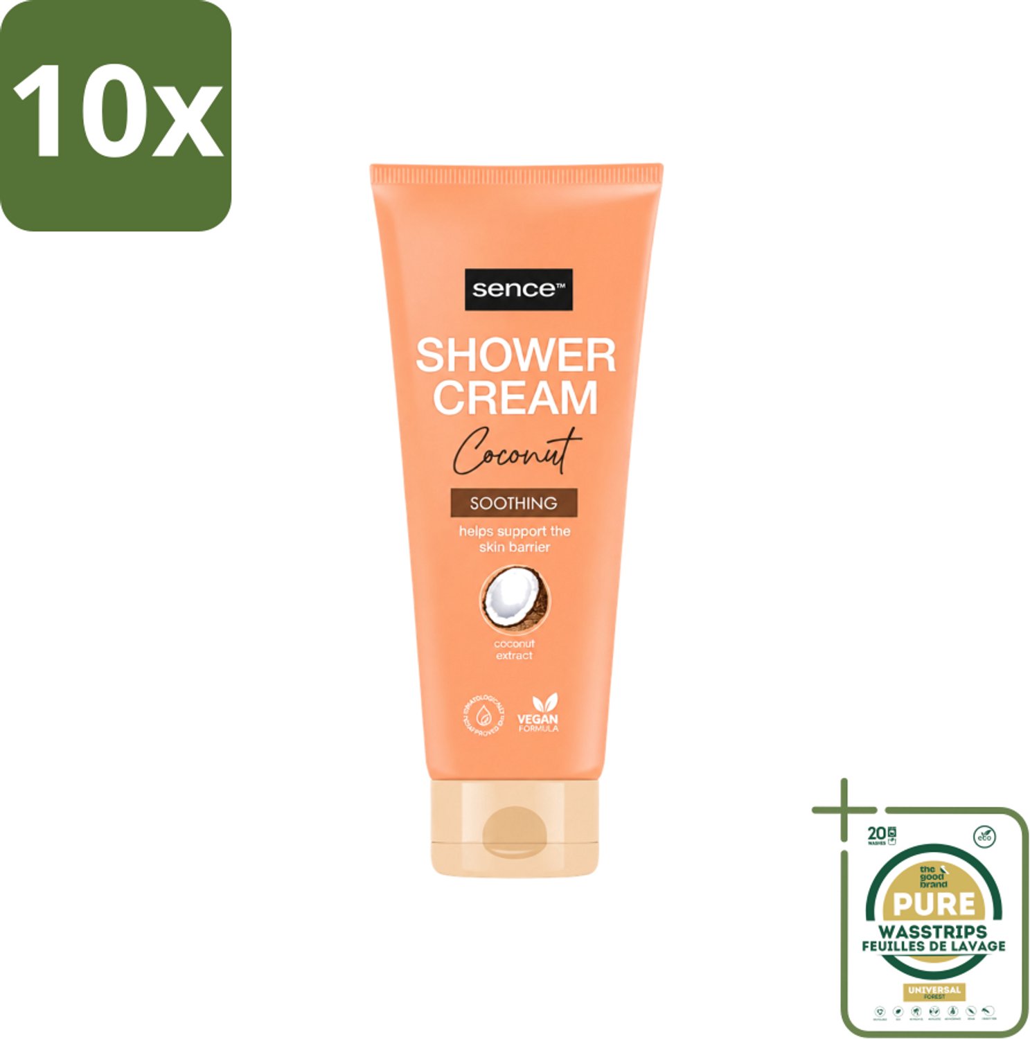 10 x Sence - Coconut - Douchecrème - Verzorgend - 200 ml - Wasstrips - Douchecrème Kokos - Kokosgeur - Verzorgende Douche - Huidverzorging - Hydraterende Douchecrème
