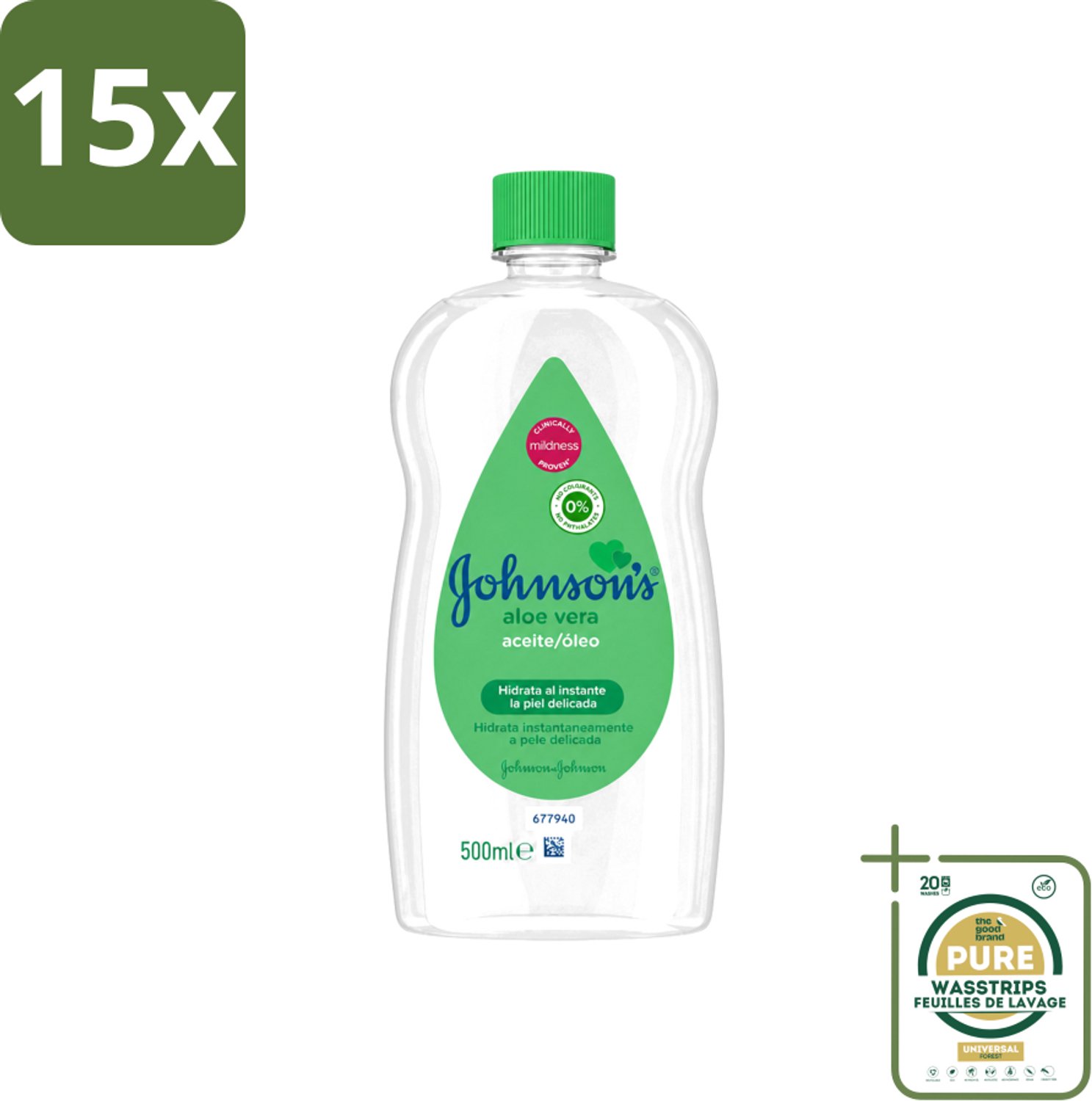 15 x Johnson's - Baby Olie - Aloe Vera - Hydrateerd Gevoelige Huid - 500 ml - Wasstrips - Babyolie - Aloe Vera - Gevoelige Huid - Melkkorst Verwijderen - Hydraterende Olie