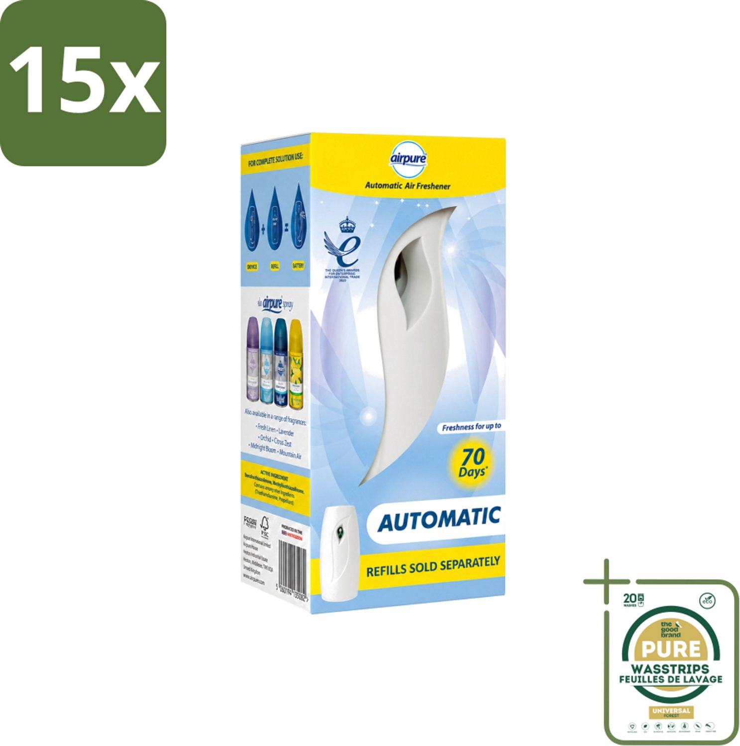 15 x Airpure - Luchtverfrisser - Freshmatic - Automatische Luchtverfrisser - Continue Geurverspreiding - 1 Luchtverfrisser - Wasstrips - Automatische Luchtverfrisser - Continue Geurverspreiding - Geur Dispenser - Luchtverfrisser - Geur In Huis
