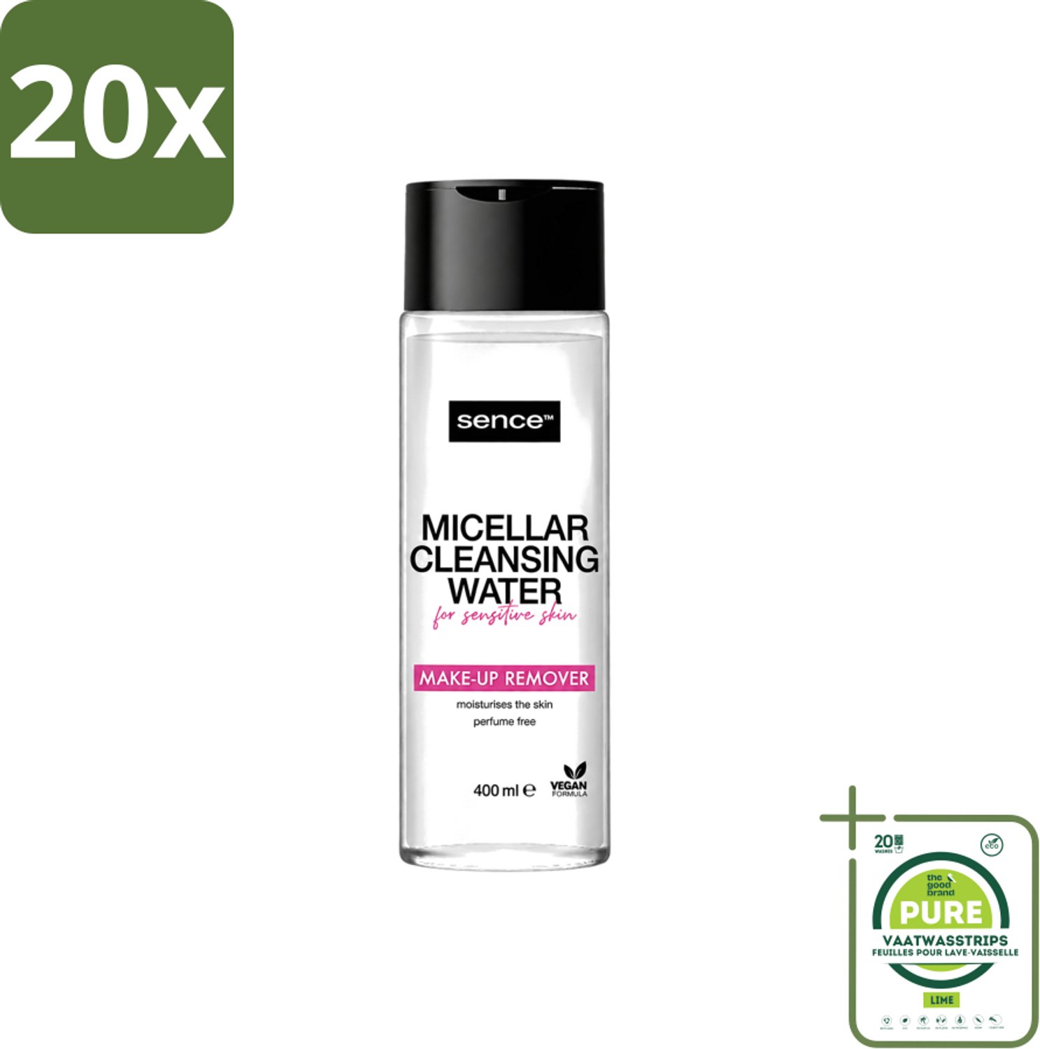 20 x Sence - Gevoelige Huid - Micellair Water - Make-up Remover - 400 ml - Grootverpakking - Vaatwasstrips - Gevoelige Huid - Make-up Verwijderen - Micellair Water - Hypoallergen - Parfumvrij