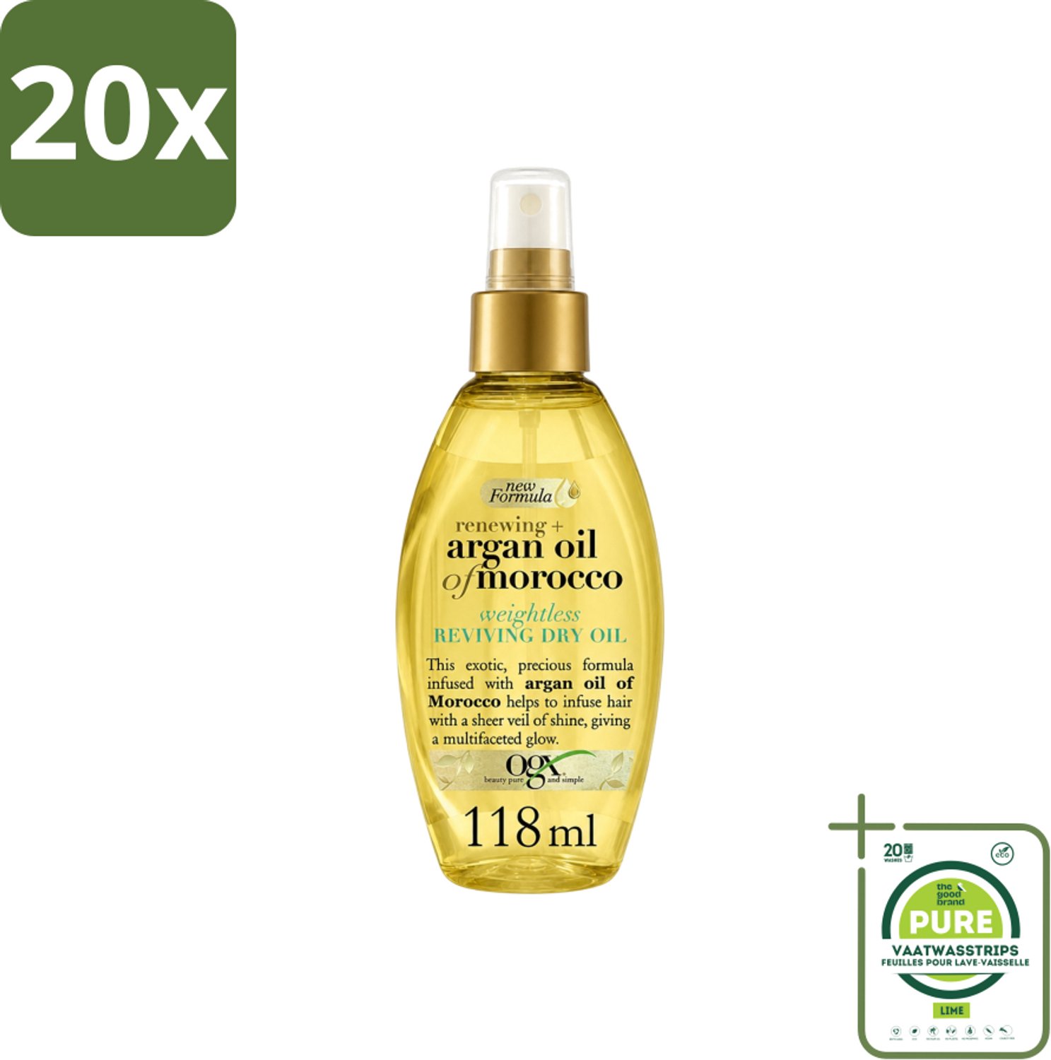 20 x OGX - Argan Oil of Morocco - Haarolie - Gewichtloos - Reviving Dry Oil - 118 ml - Grootverpakking - Vaatwasstrips - Haarolie - Arganolie - Droog Haar - Glans - Gezond Haar