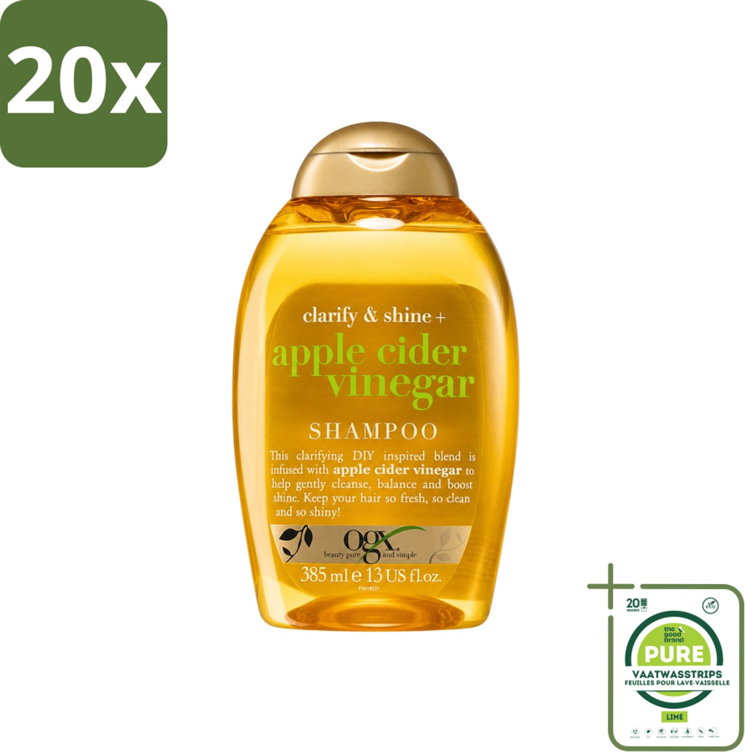 20 x OGX - Apple Cider Vinegar - Shampoo - Clarify + Shine - 385 ml - Grootverpakking - Vaatwasstrips - Haartype - Glans - Zuiveren - Fris - Schone Hoofdhuid
