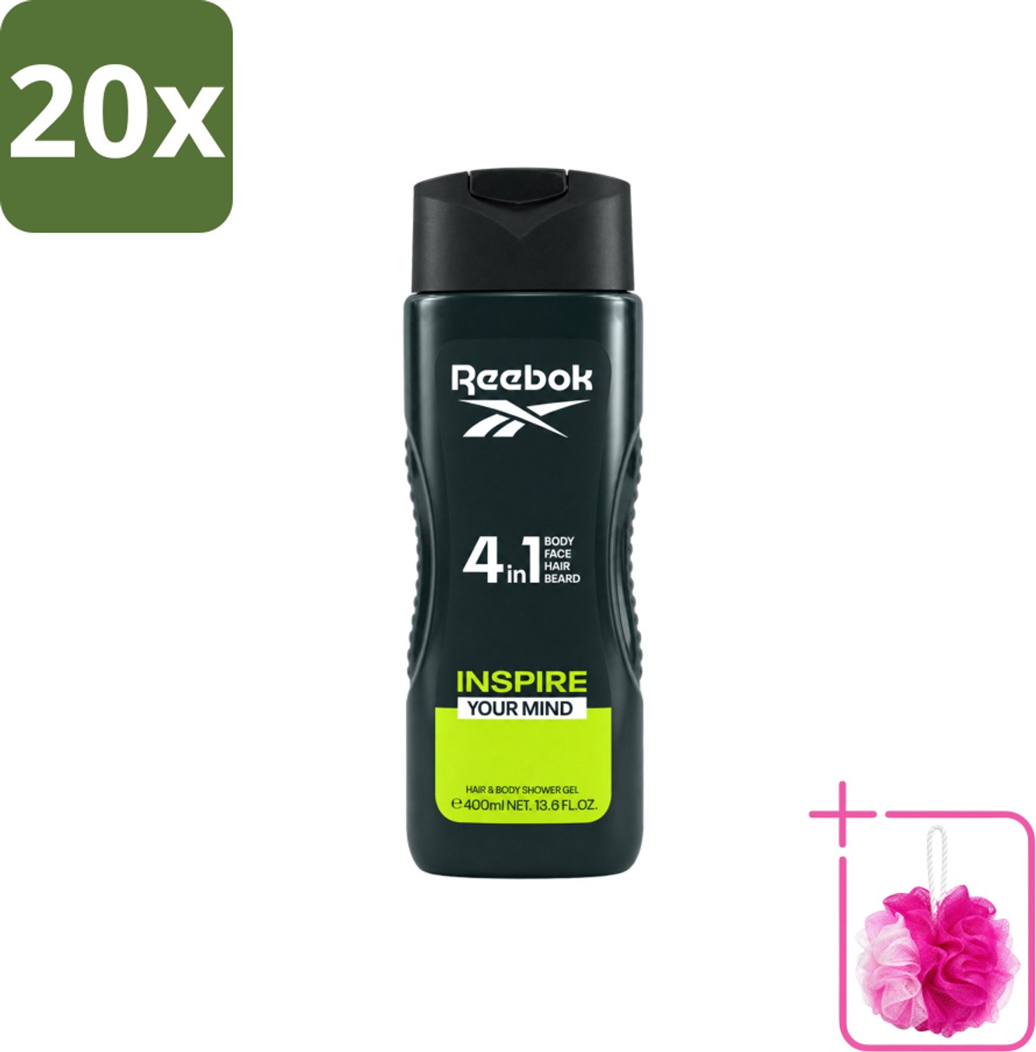 20 x Reebok - Inspire Your Mind - Douchegel - 4 in 1 - 400 ml - Bulkverpakking - Douchegel - Douchemop - 4 in 1