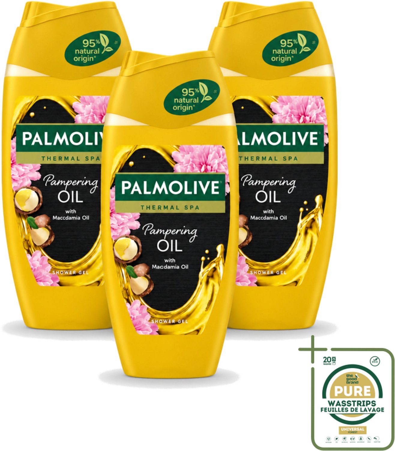 3 x Palmolive - Thermal Spa - Douchegel - Pampering Oil - Macadamia - 250 ml - Wasstrips - Douchegel - Pampering Oil - Macadamia-olie - Spa Ervaring - Huid Verzorging