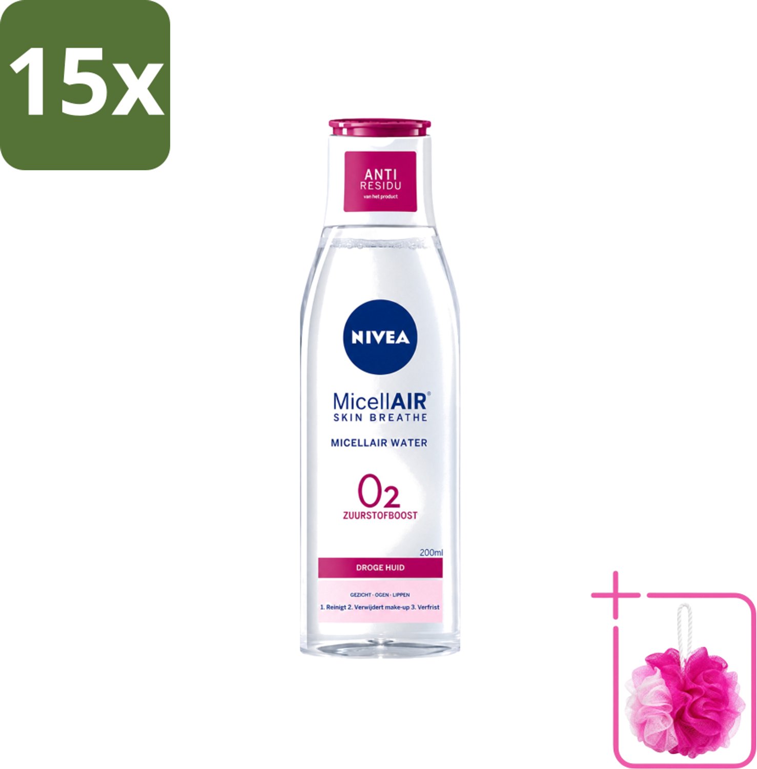 15 x Nivea - O2 Zuurstofboost Micellair Water - Droge Huid - 200 ml - Bulkverpakking - Micellair water - Douchemop - Droge huid