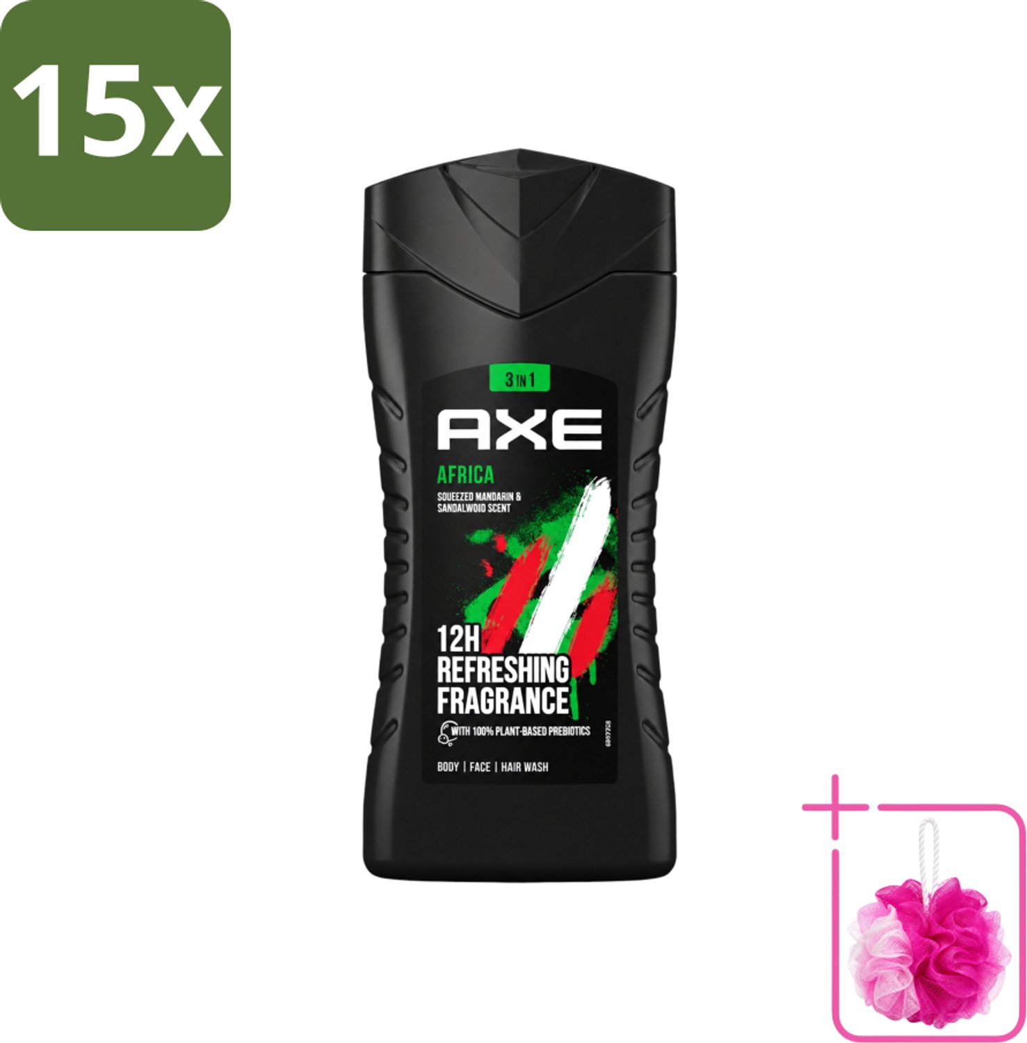 15 x Axe - 3-in-1 Douchegel - Africa - Squeezed Mandarin & Sandalwood - 100% Plantaardig - 250 ml - Bulkverpakking - Douchegel - Douchemop - Axa africa