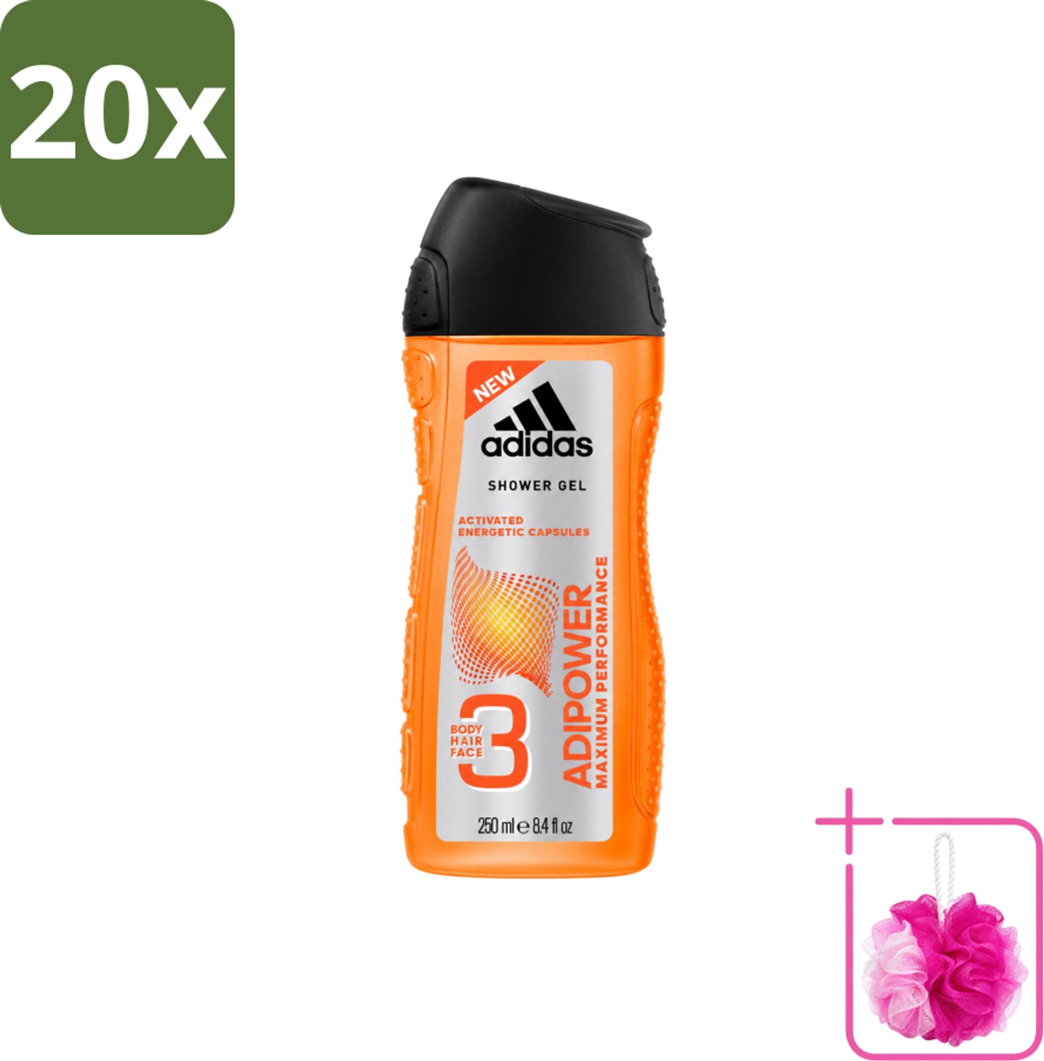 20 x Adidas - 3-in-1 Douchegel - Adipower Maximum Performance -250 ml - Bulkverpakking - Adidas Adipower Douche en Shampoo - Douchemop - 2-in-1 douche en shampoo