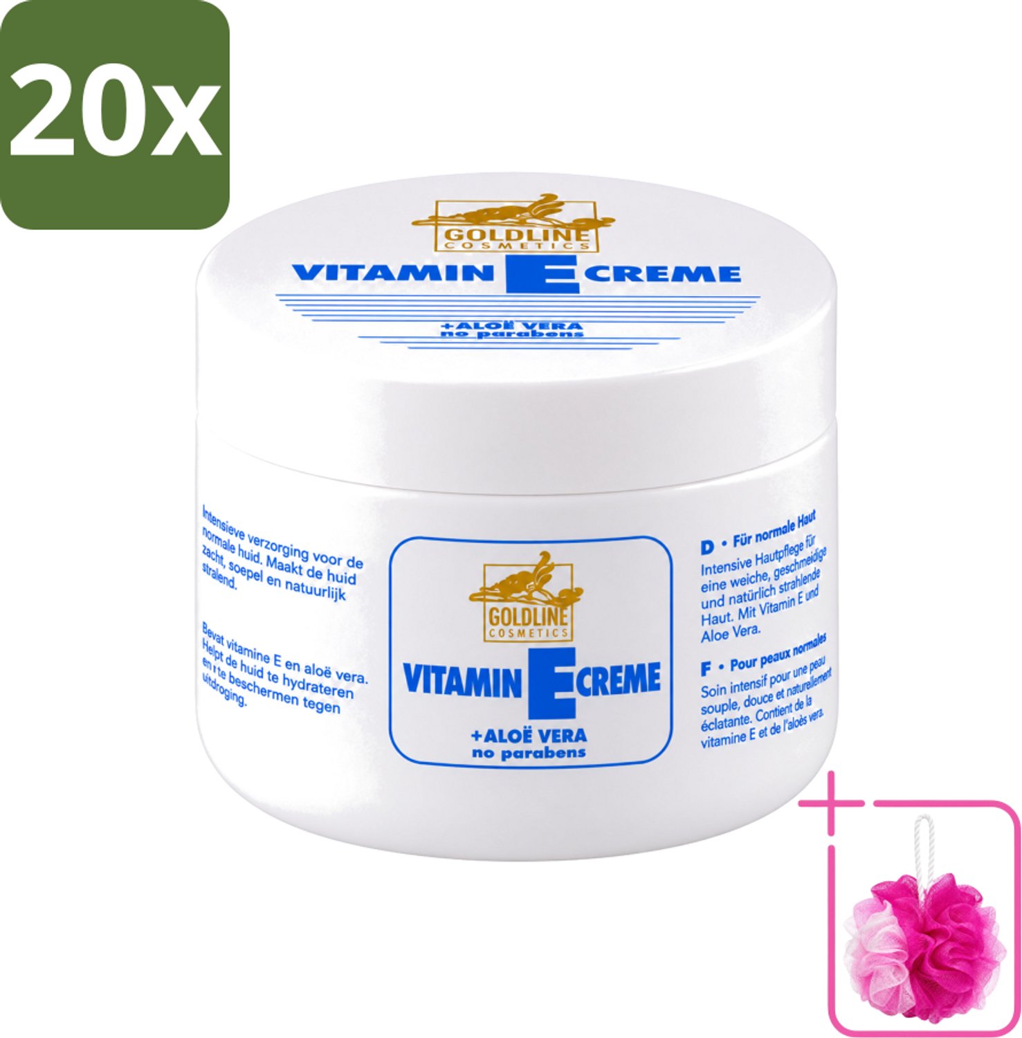 20 x Goldline - Bodycrème - Vitamine-E & Aloë Vera - Normale Huid - Hydraterend - 250 ml - Bulkverpakking - Bodycrème - Douchemop - Vitamine e