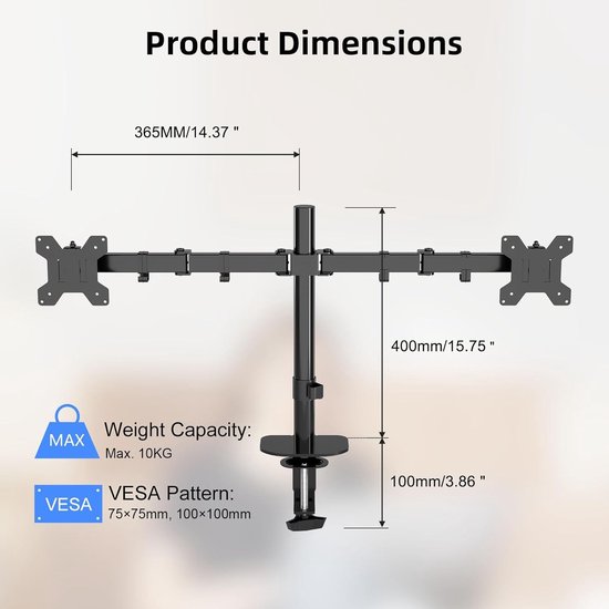 Verstelbare Dubbele Monitorsteun voor 13-27 Inch LED LCD Schermen, 360° Rotatie, VESA 75/100mm tot 10kg, Ideaal voor Thuiswerk en Kantoorgebruik — afbeelding 2