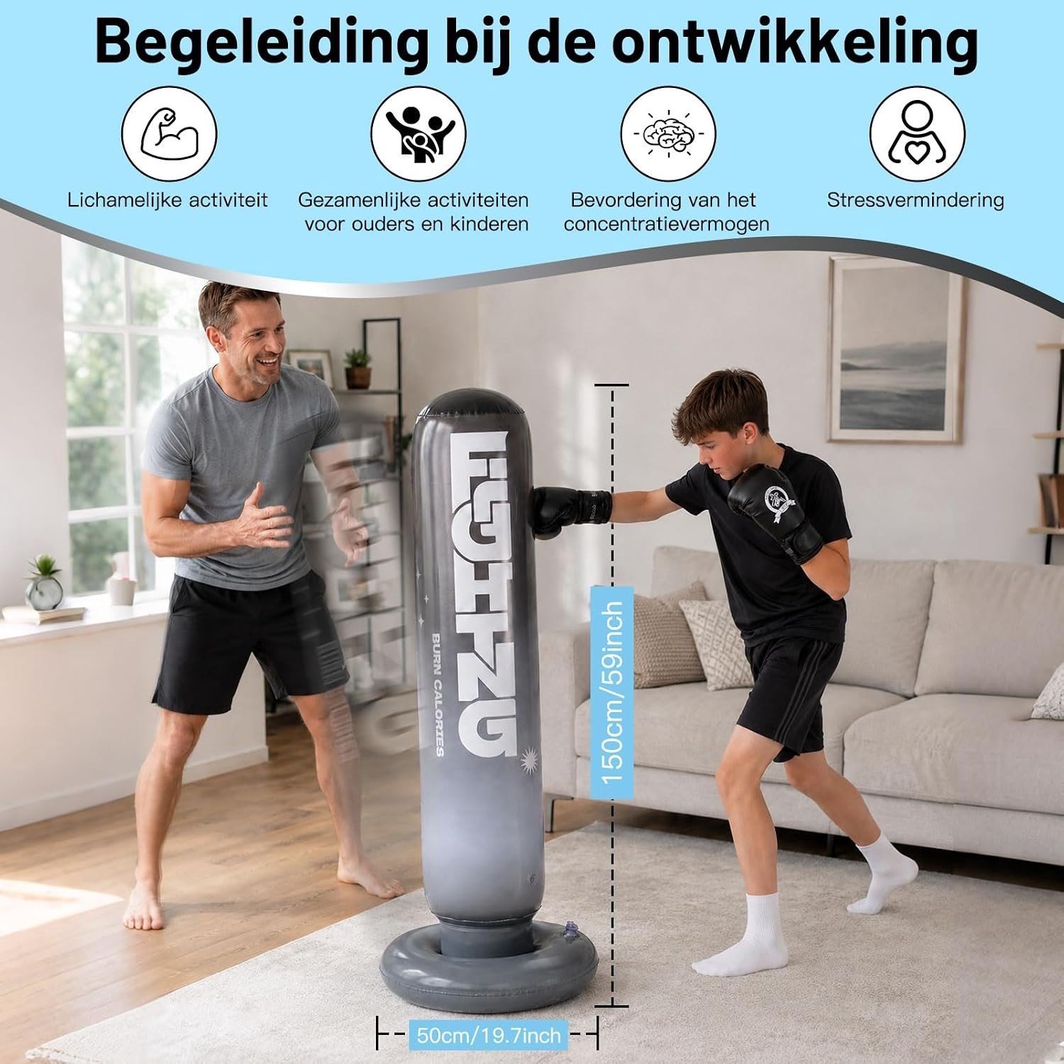Opblaasbare Vrijstaande Bokszak met Bokshandschoenen en Pomp, 150 cm, Kickboksen, MMA Training, Fitness Apparatuur