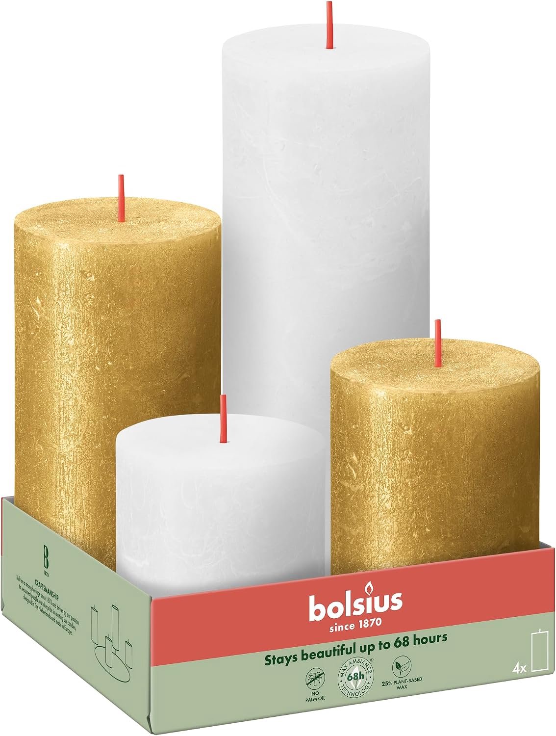 Bolsius Rustieke Kaarsen Set - Goud & Wit - 4 Stuks - Plantaardig Wax