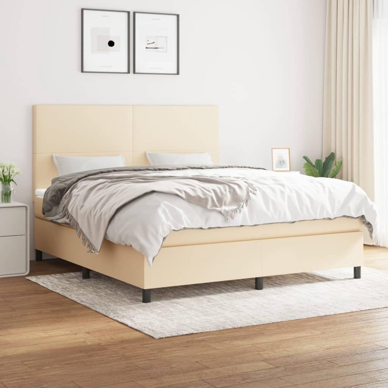 Familiebed, tweepersoonsbed, slaapkamermeubel, boxspringbed met matras, crème, 160x200 cm, stof