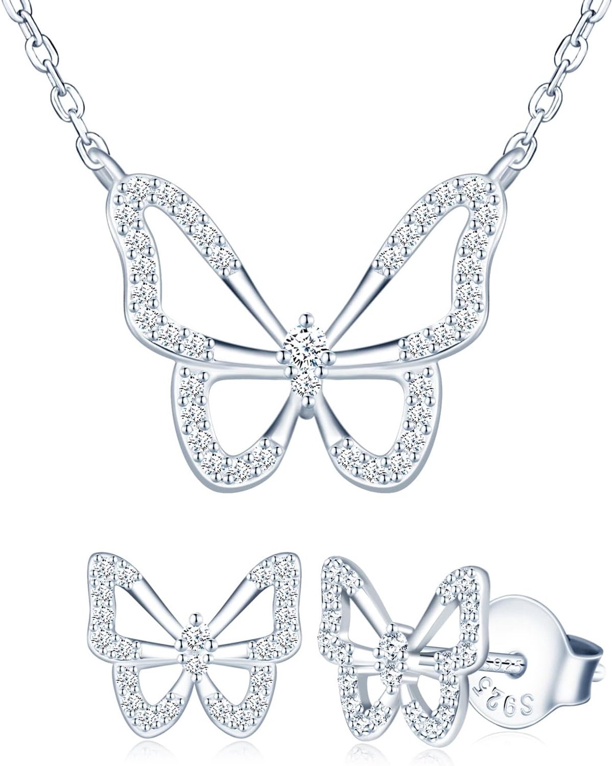 925 Sterling Zilver Sieradenset voor Dames, Vlinderhanger, Ketting, Oorbellenset, Vlinder met Zirkonia, Sieradenset, Halsketting, Oorstekers, Zilver, Voor Vrouwen en Meisjes
