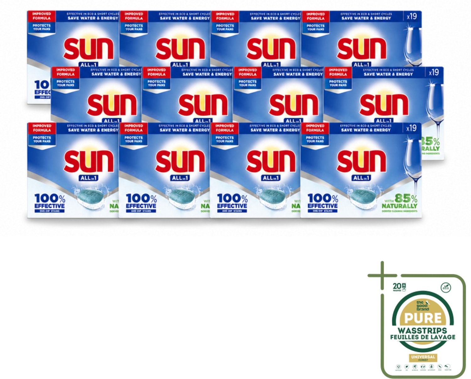 12 x Sun - Vaatwastabletten - All-in-1 Neutraal - 19 tabletten - Wasstrips - Vaatwasmiddel - Vaatwastablet - Vaatwasmiddel Neutraal - Vaatwassen - Vaatwasmiddel All-in-1
