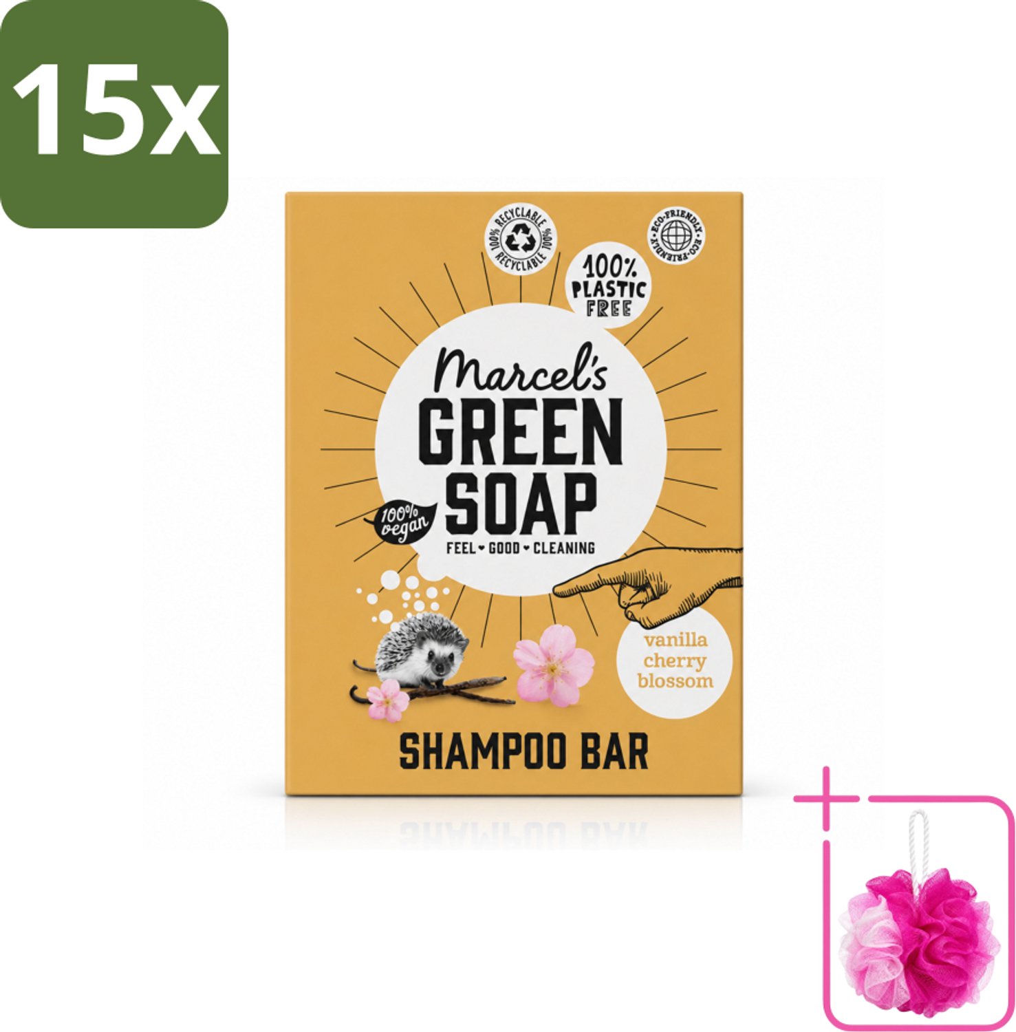 15 x Marcel's Green Soap - Shampoobar - Vanilla & Cherry Blossom - Versterkt & verzorgt - 90 gr - Bulkverpakking - Shampoobar - Douchemop - Natuurlijke shampoo