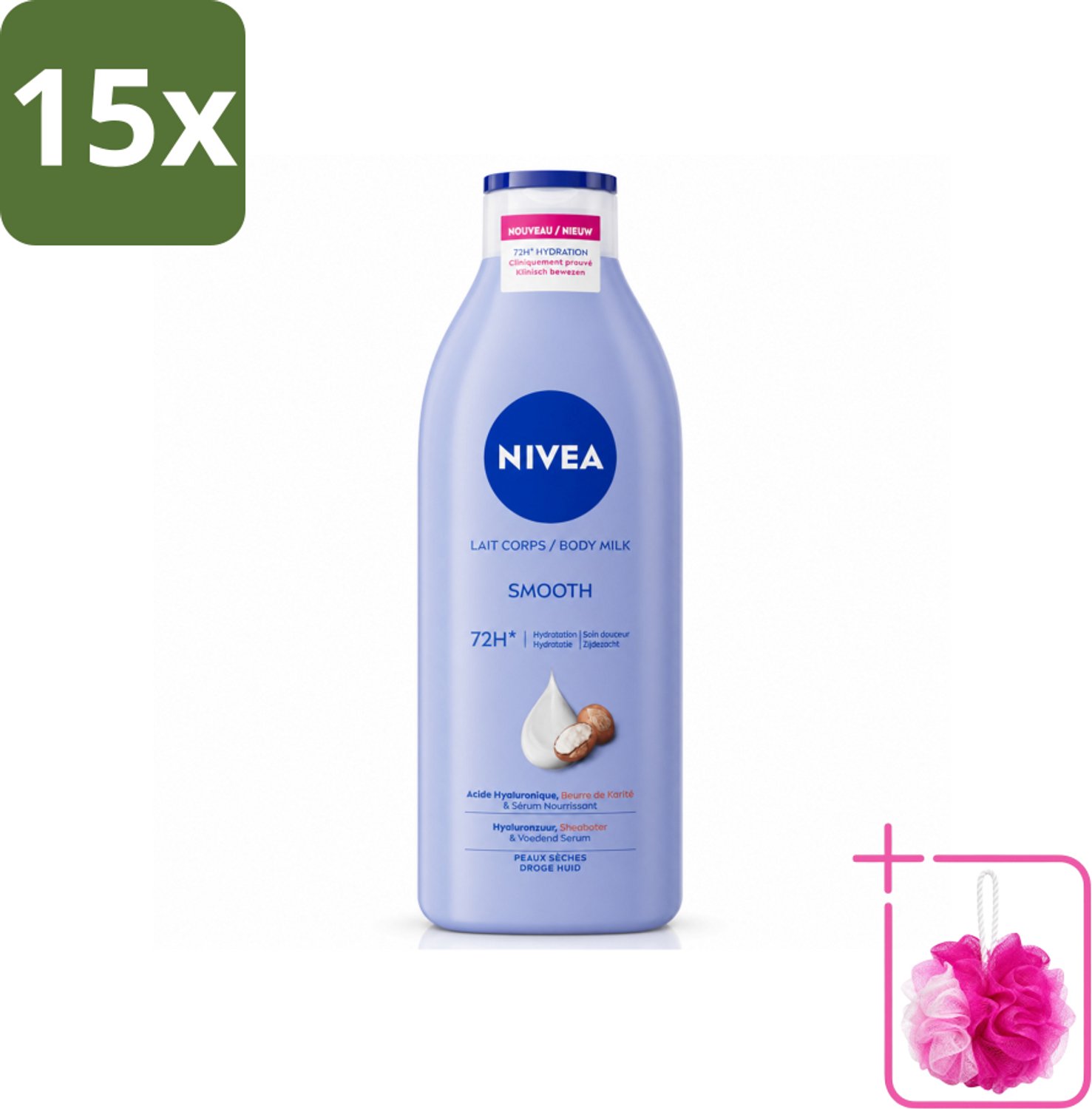 15 x Nivea - Smooth Body Milk - Sheaboter - 72 uur Hydratatie - Voor Droge Huid - 400 ml - Bulkverpakking - Hydratatie - Douchemop - Droge huid
